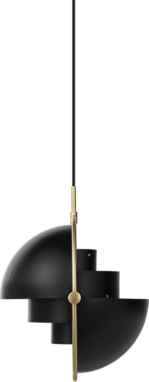 Schwarze Multi-Lite Pendelleuchte von Gubi mit goldenen Details, moderne Hängelampe für Wohnzimmer und Esszimmer.