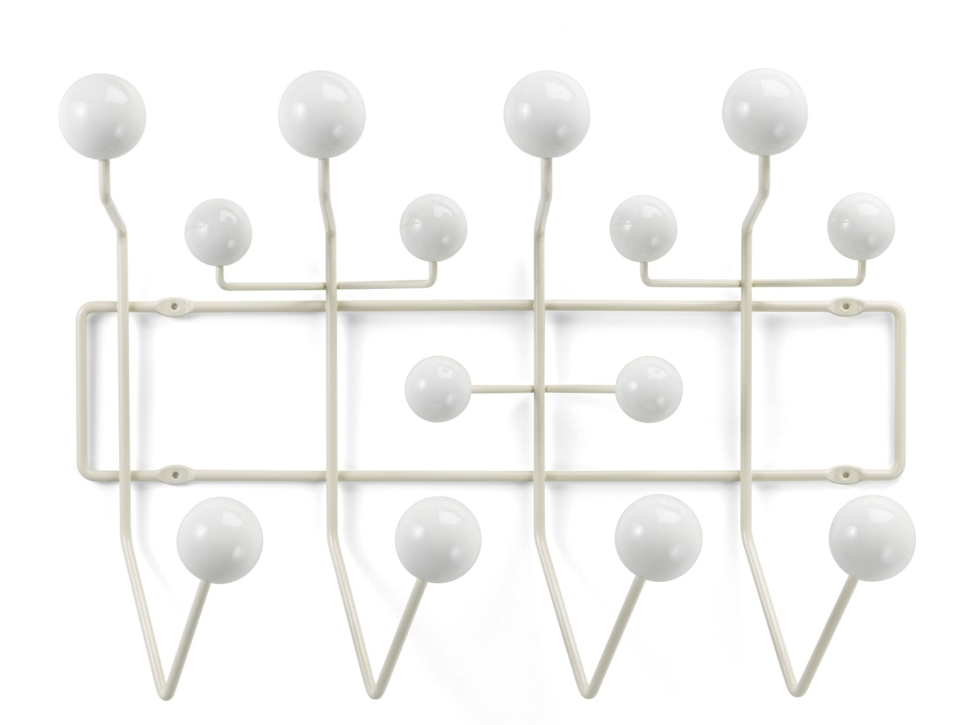 Eames Hang it all Garderobe von Vitra in Warmweiss mit bunten Holzkugeln als Kleiderhaken.