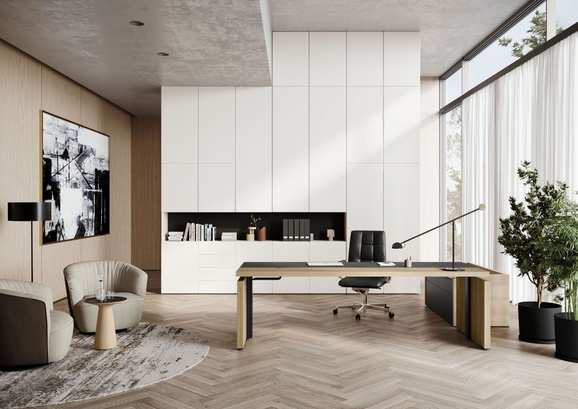 Moderner Büroraum mit Ishino Sessel von Walter Knoll, Schreibtisch und minimalistischen Möbeln.