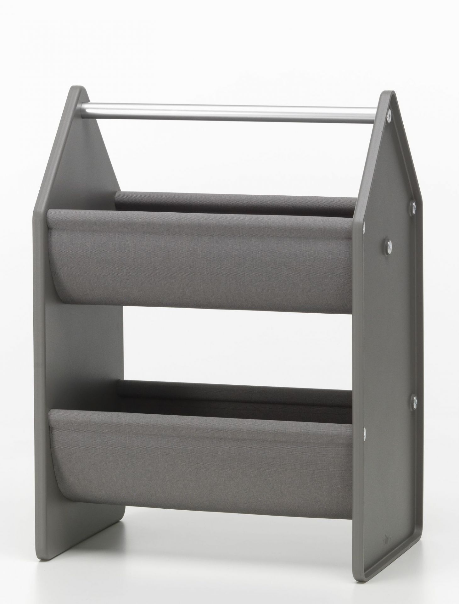 Graue Vitra Drop Box Aufbewahrungsbox mit zwei Stofffächern und silberner Stange für Kinderzimmer.