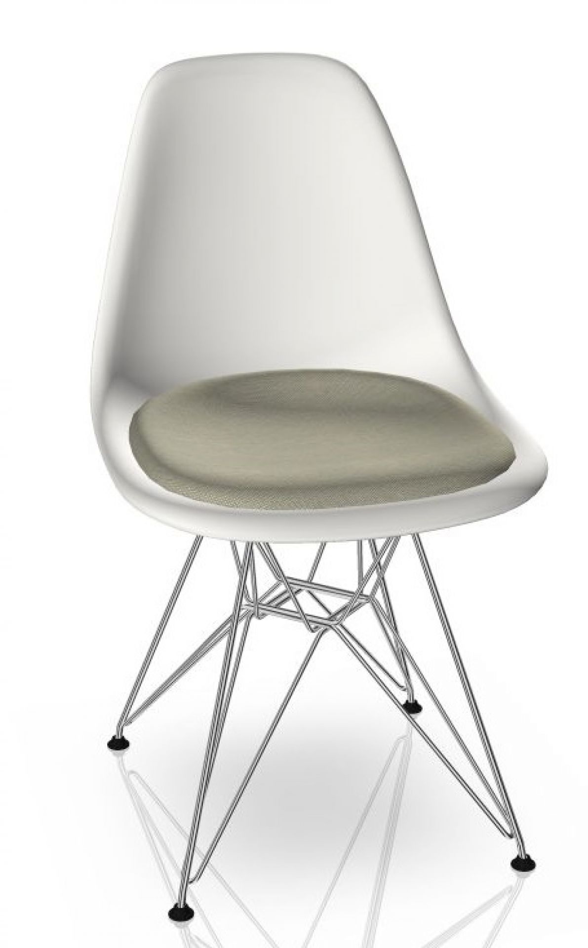 Weißer Eames DSR Stuhl mit Chromgestell und warmgrauem Sitzpolster aus Hopsack-Gewebe.