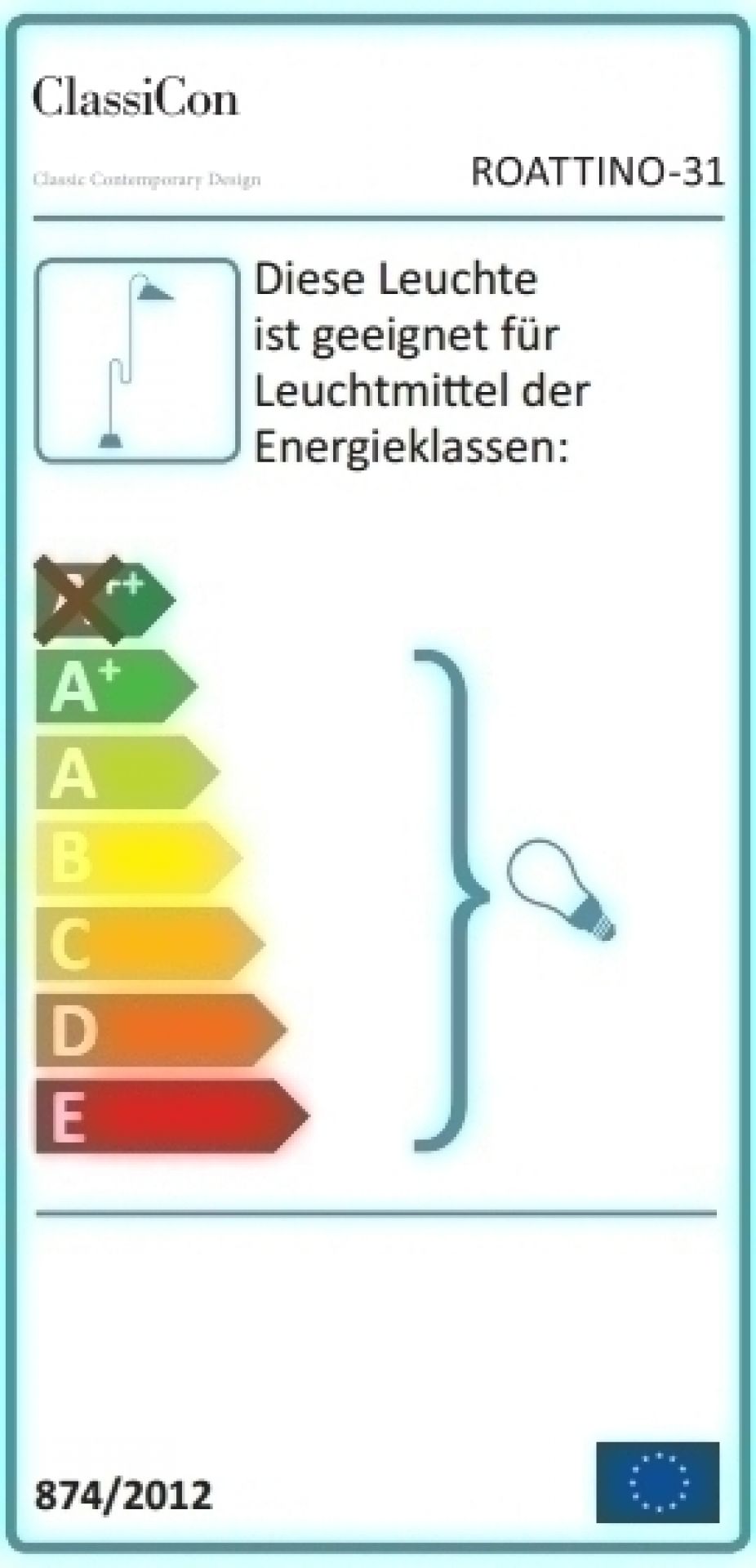 Energieeffizienzlabel der ClassiCon Roattino Stehleuchte, zeigt Energieklassen von A+ bis E.