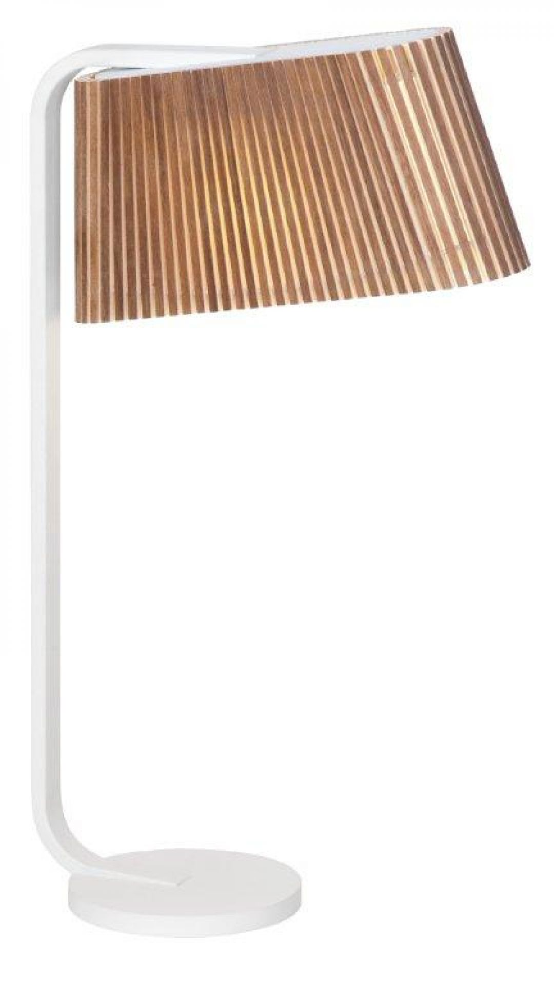 Owalo 7020 Tischleuchte von Secto Design mit weißem Gestell und Lampenschirm aus hellem Holz.