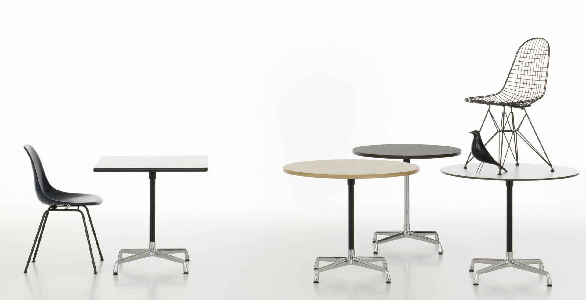 Eames Contract Table von Vitra, quadratisch und rund, mit Stühlen und dekorativem Vogel auf weißem Hintergrund.