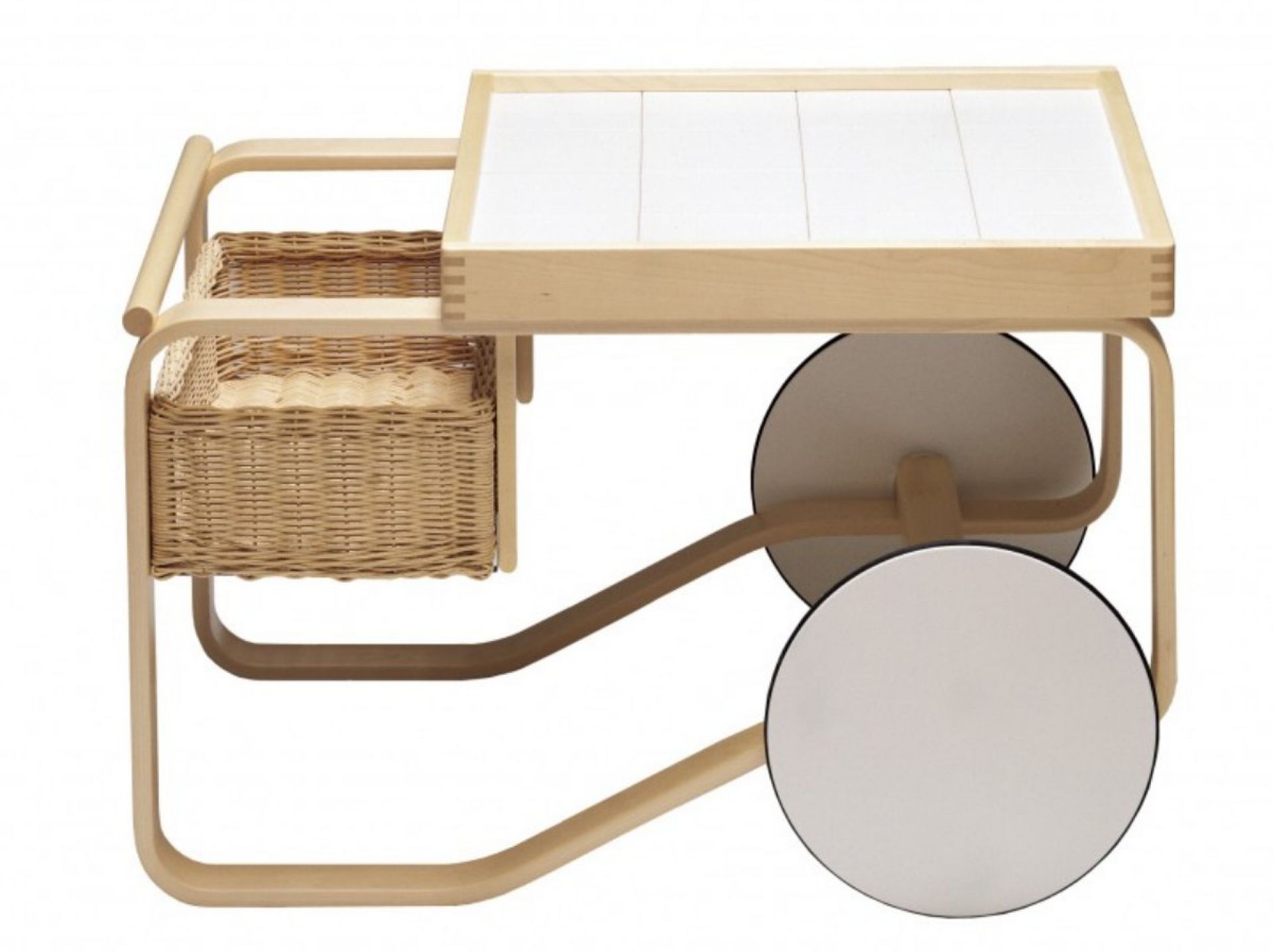 Artek Servierwagen 900 aus Birkenholz mit weißer Tischplatte und Korbablage. Design-Servierwagen für Wohnzimmer und Küche.