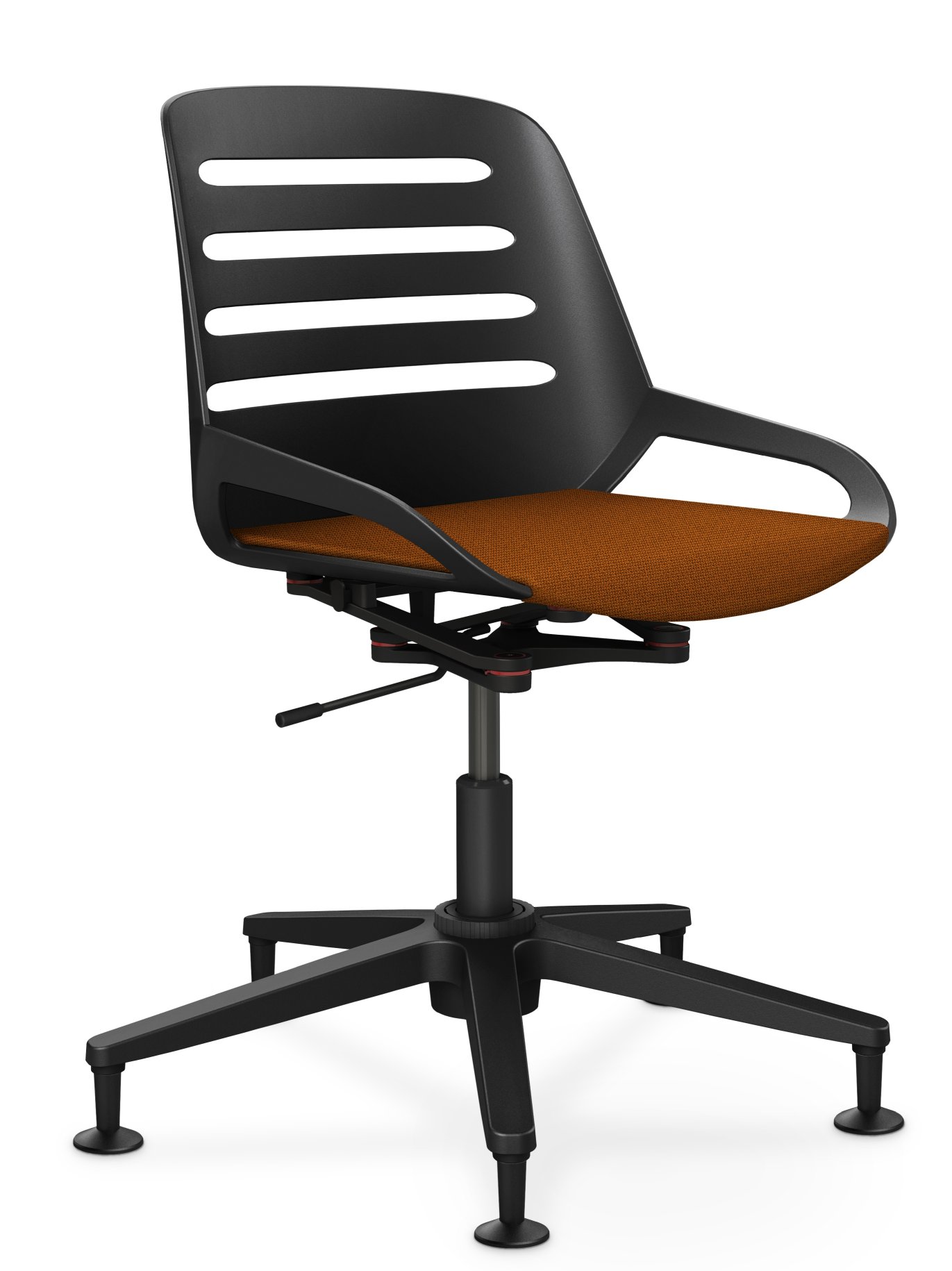 Numo Task Bürodrehstuhl von Aeris, schwarzes Gestell, orangefarbener Sitz, ergonomischer Arbeitsstuhl mit Säule und Gleitern.