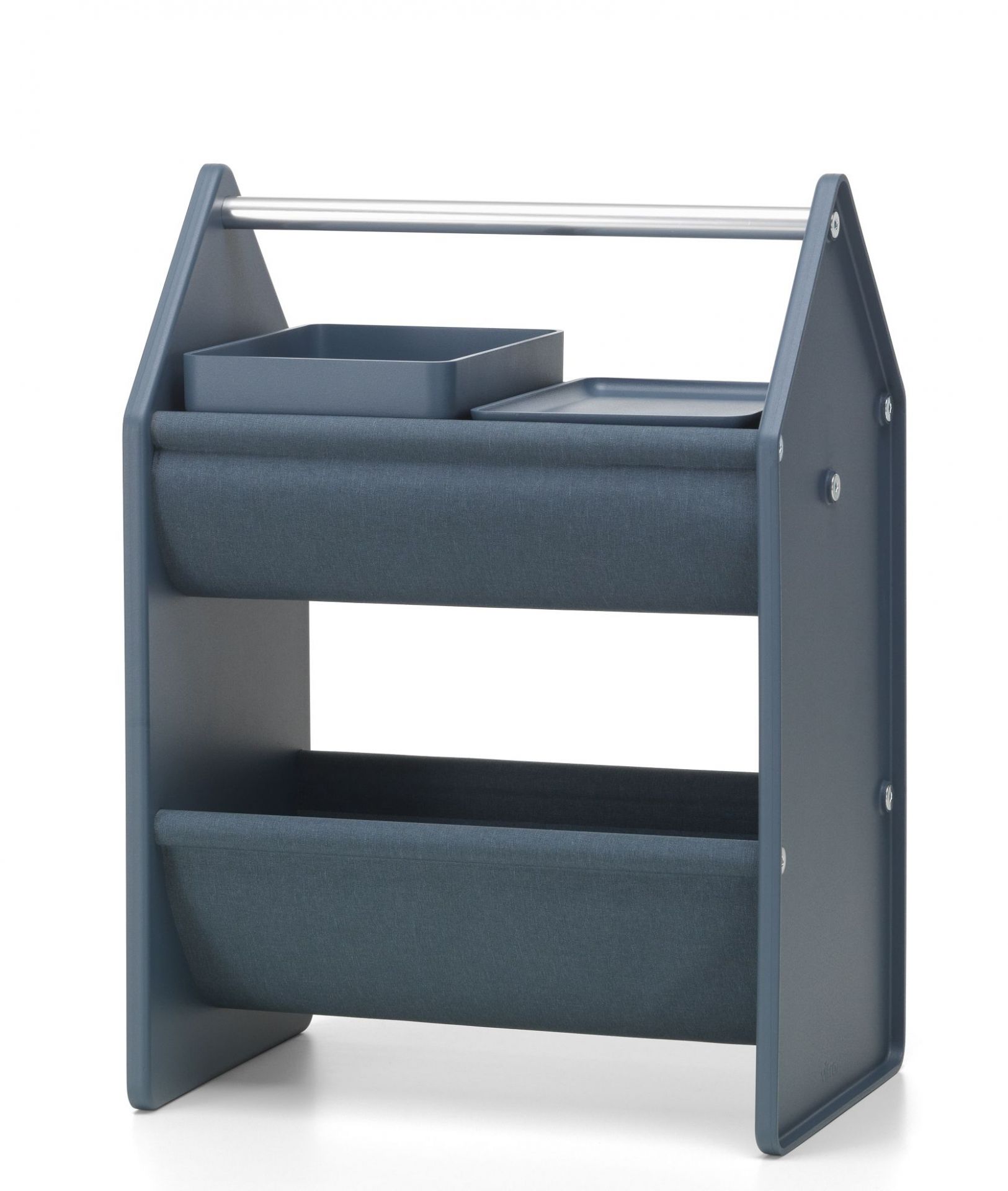 Vitra Drop Box Aufbewahrungsregal in Blau mit zwei Stoffablagen und zwei Aufbewahrungsboxen.