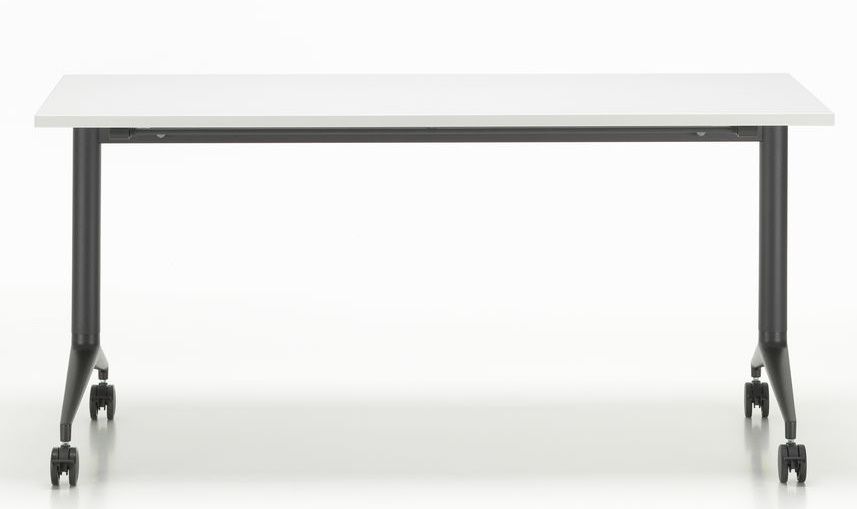 Vitra MedaMorph Klapptisch mit weißer Tischplatte und schwarzem Gestell mit Rollen, Frontansicht.