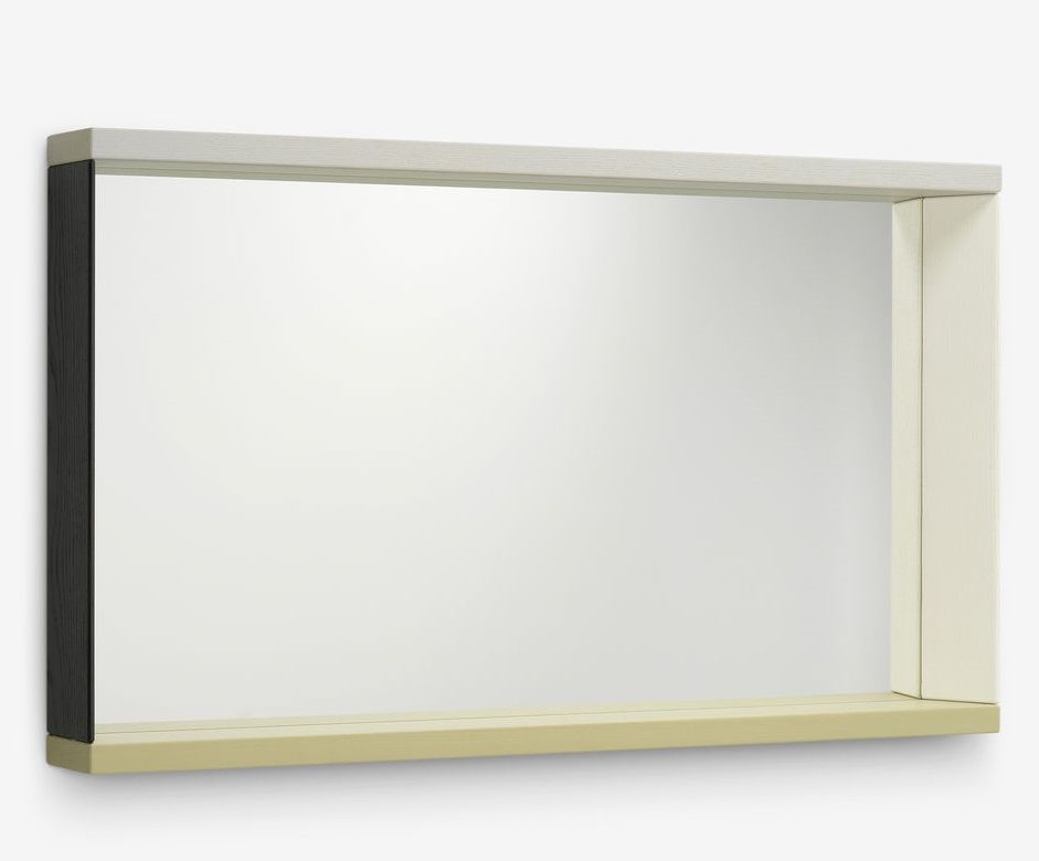 Vitra Colour Frame Spiegel, rechteckig mit farbigem Holzrahmen in Schwarz, Weiß und Beige.