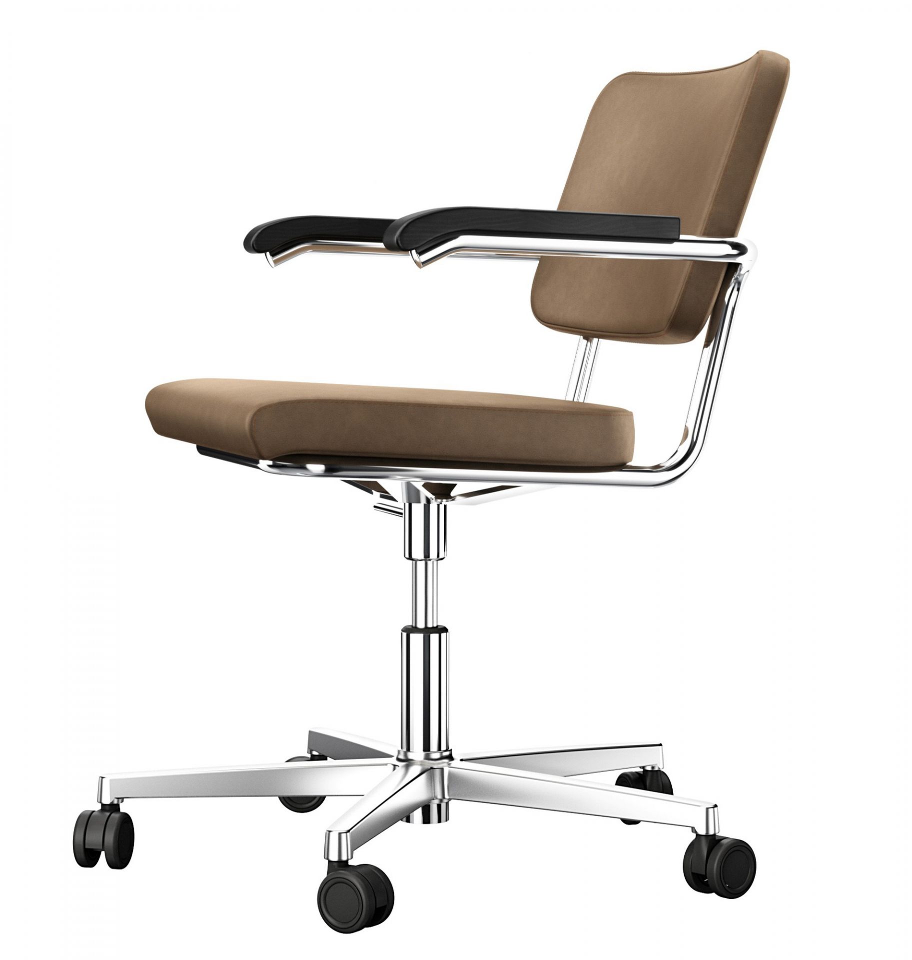 S 64 PVDR Atelier Drehstuhl von Thonet mit braunem Bezug und Chromgestell auf Rollen.