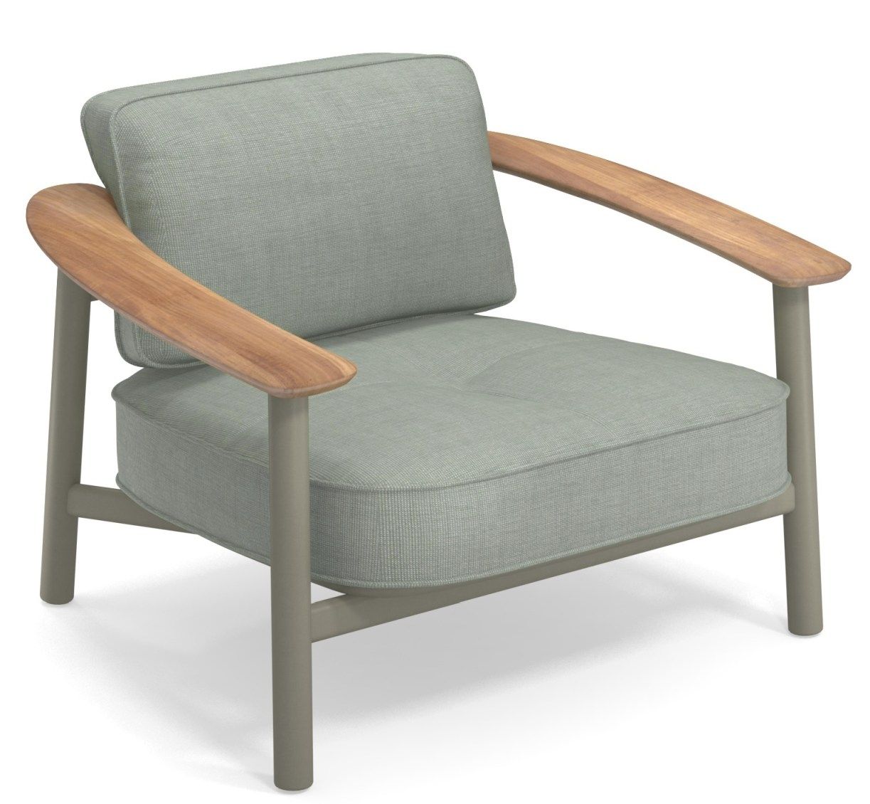 Emu Twins Lounge Chair Sessel für den Außenbereich mit hellgrauen Polstern und Armlehnen aus Holz.