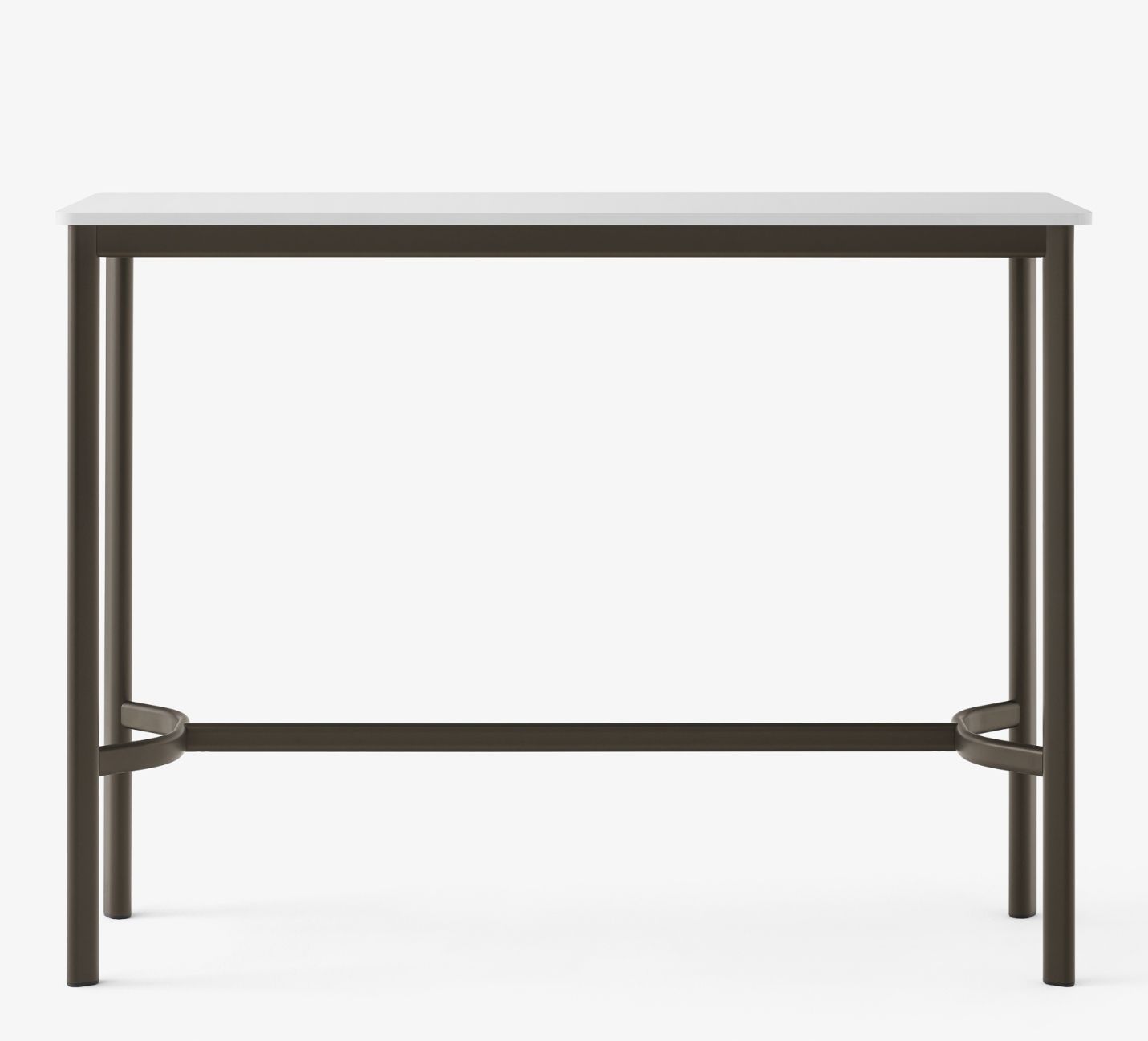 AndTradition Drip High Table Stehtisch mit weißer Tischplatte und braunem Metallgestell, Frontansicht.