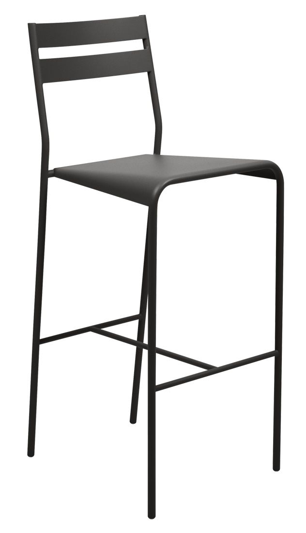 Facto Barhocker von Fermob für den Außenbereich, minimalistisches Design, anthrazitfarbener Metallrahmen, hohe Sitzfläche.