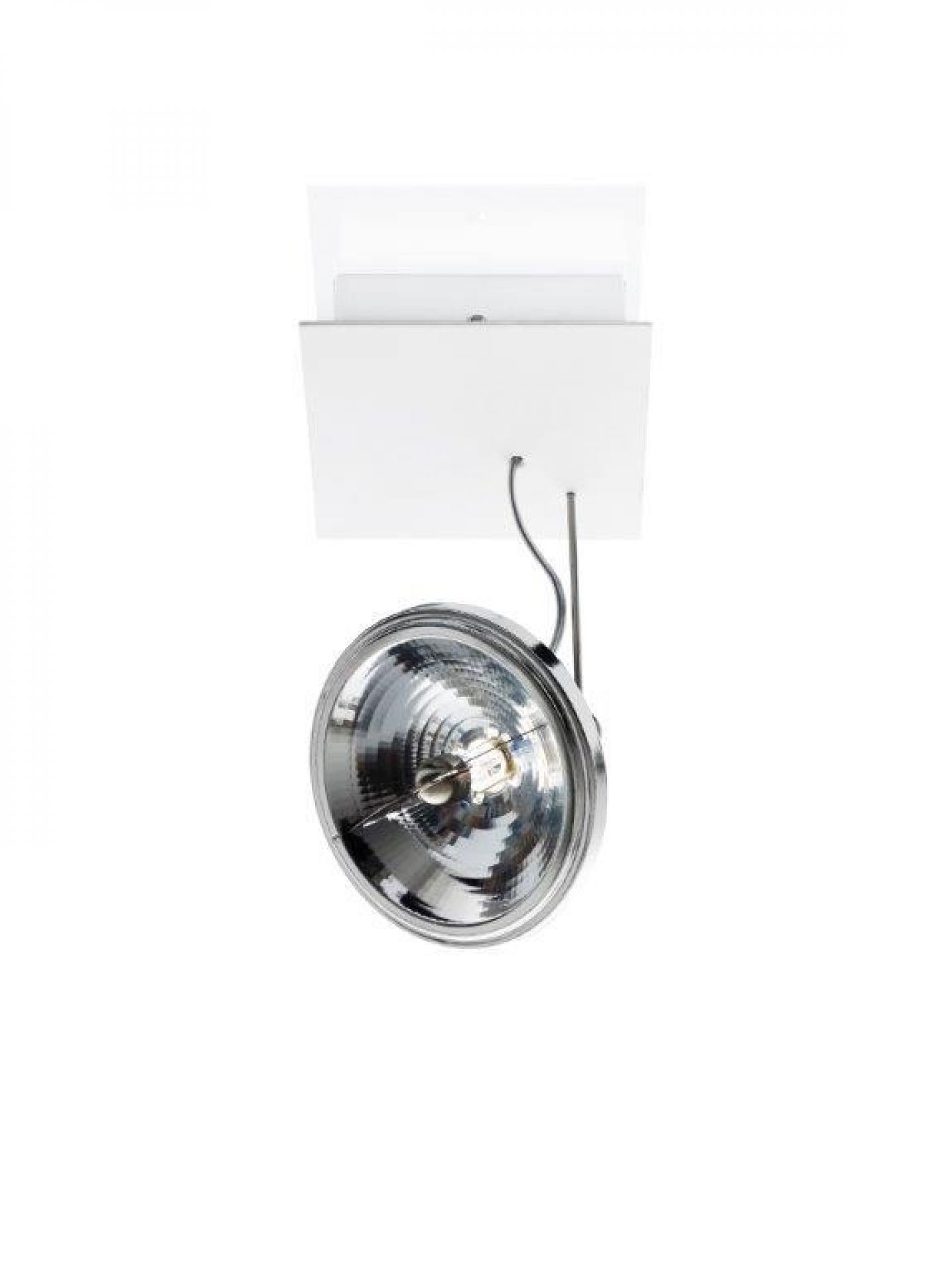 Use Me C. Spot Deckenleuchte von Ingo Maurer, moderne Deckenlampe mit verchromtem Reflektor und weißer Halterung.