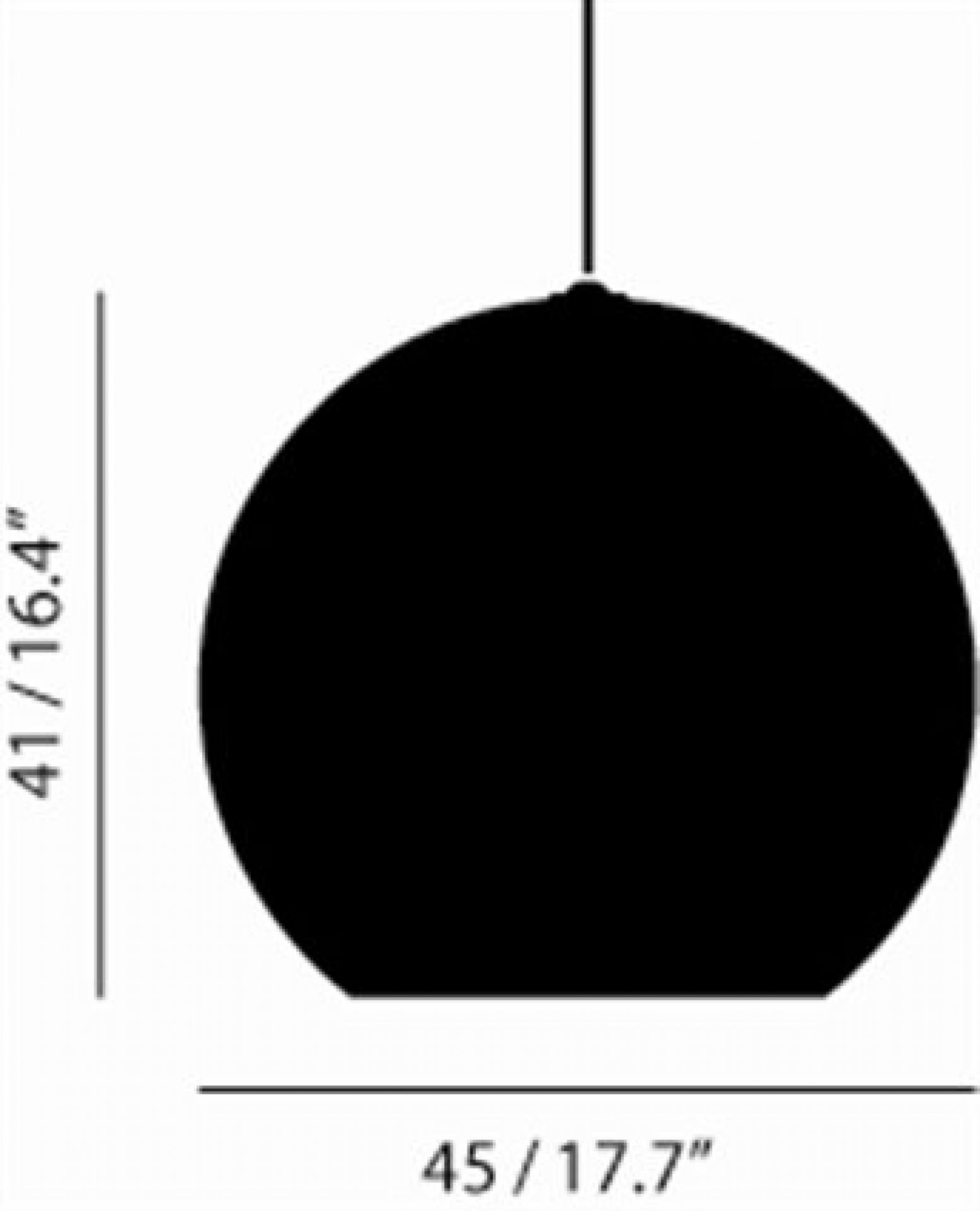 Schwarze Kugel Pendelleuchte mit Maßangaben: 41 cm Höhe, 45 cm Durchmesser, modernes Design für Wohnraum.