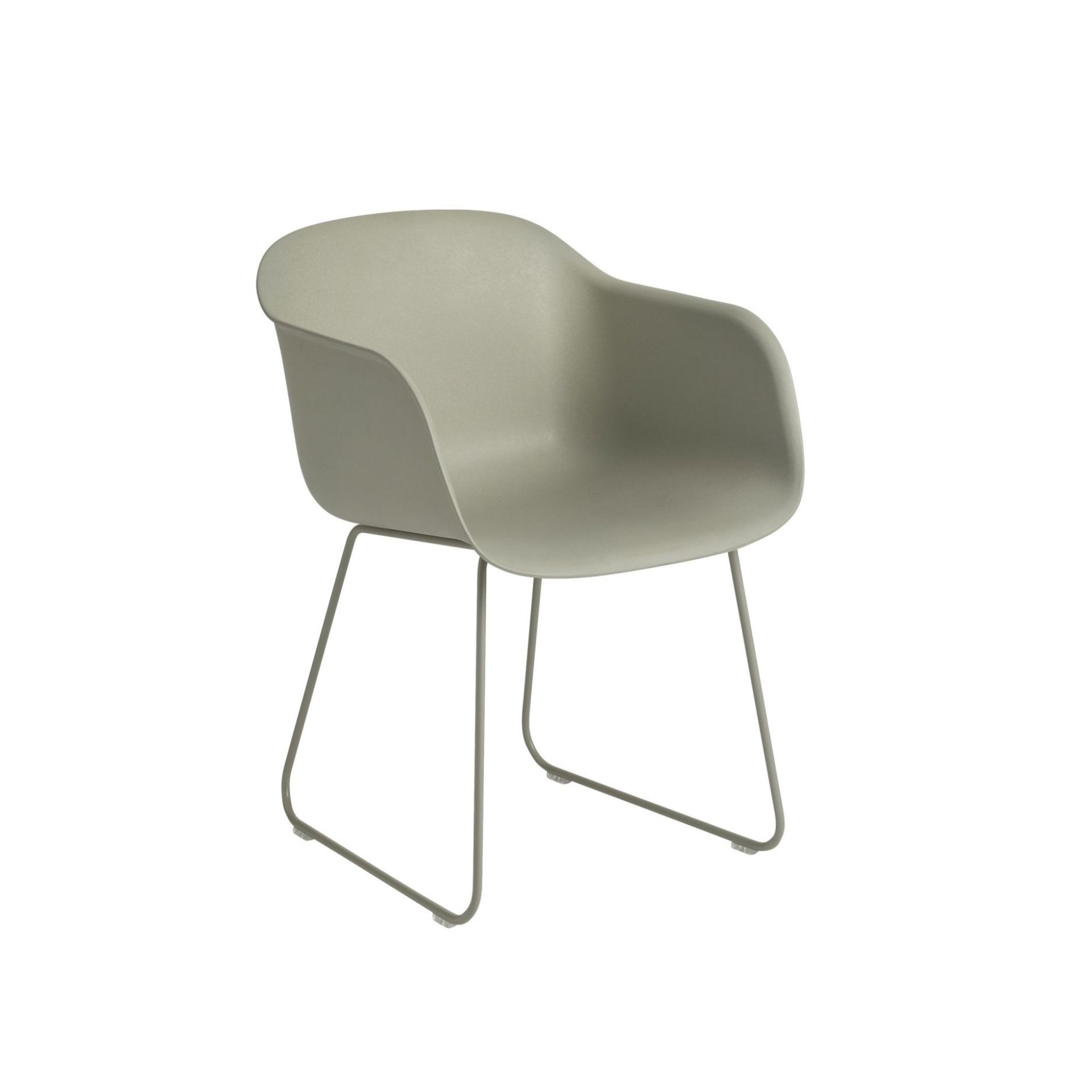 Muuto Fiber Armchair mit Kufengestell, ein moderner Armlehnenstuhl in sanftem Grau für Esszimmer und Büro.