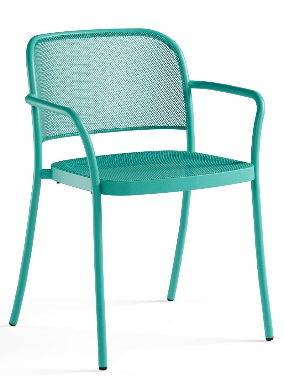 Café Armchair von Emu, türkiser Outdoor-Stuhl mit Armlehnen und filigranem Metallgitter für Garten und Terrasse.