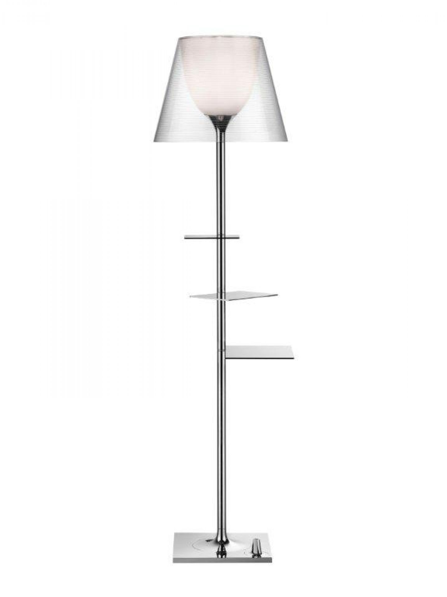 Flos Bibliotheque Nationale Stehleuchte mit transparentem Lampenschirm und drei Glasablagen, modernes Design für Wohnzimmer.
