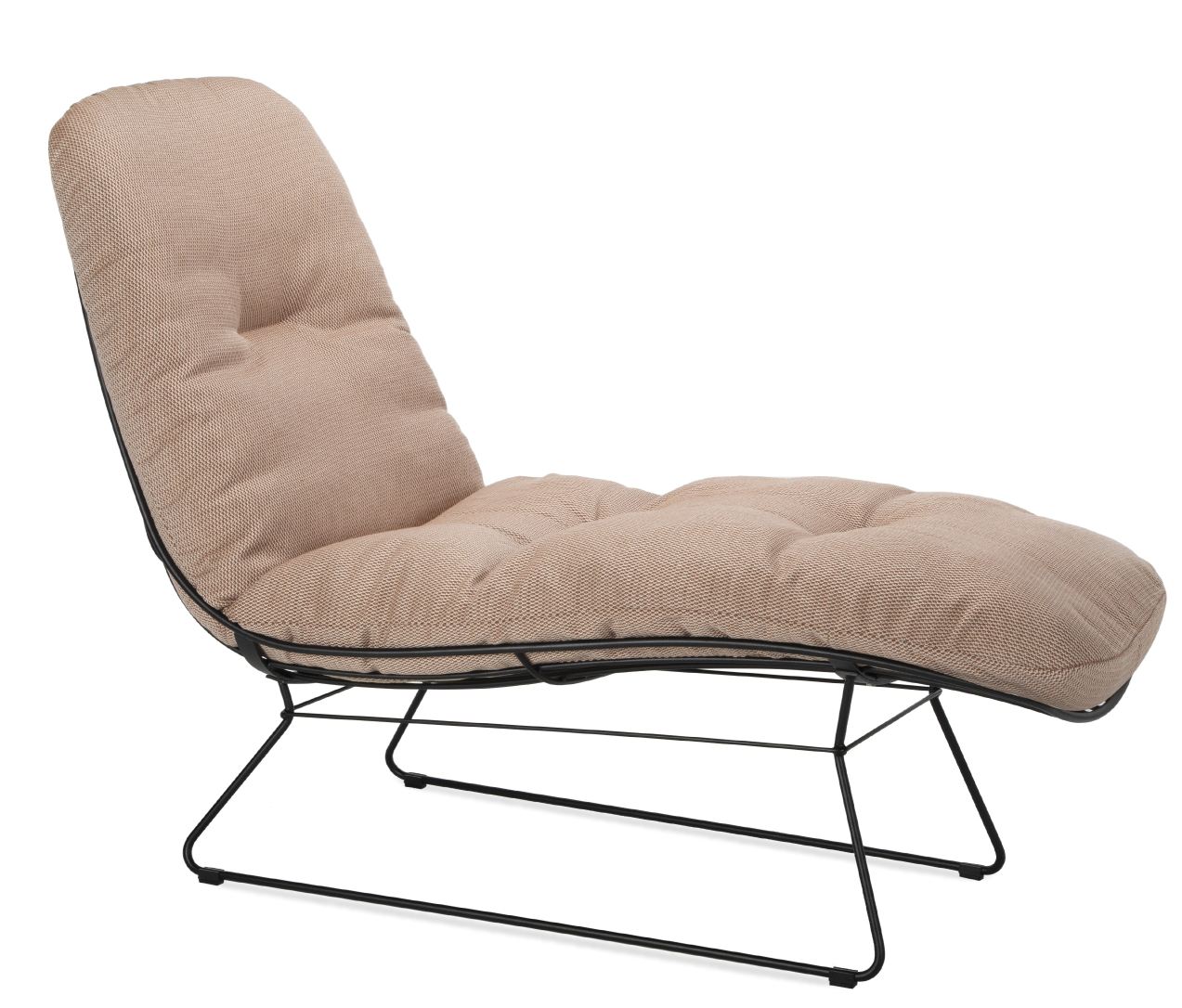 Leyasol Sonnenliege von Freifrau Manufaktur, Indoor/Outdoor Liege mit beigem Stoffbezug und schwarzem Metallgestell.