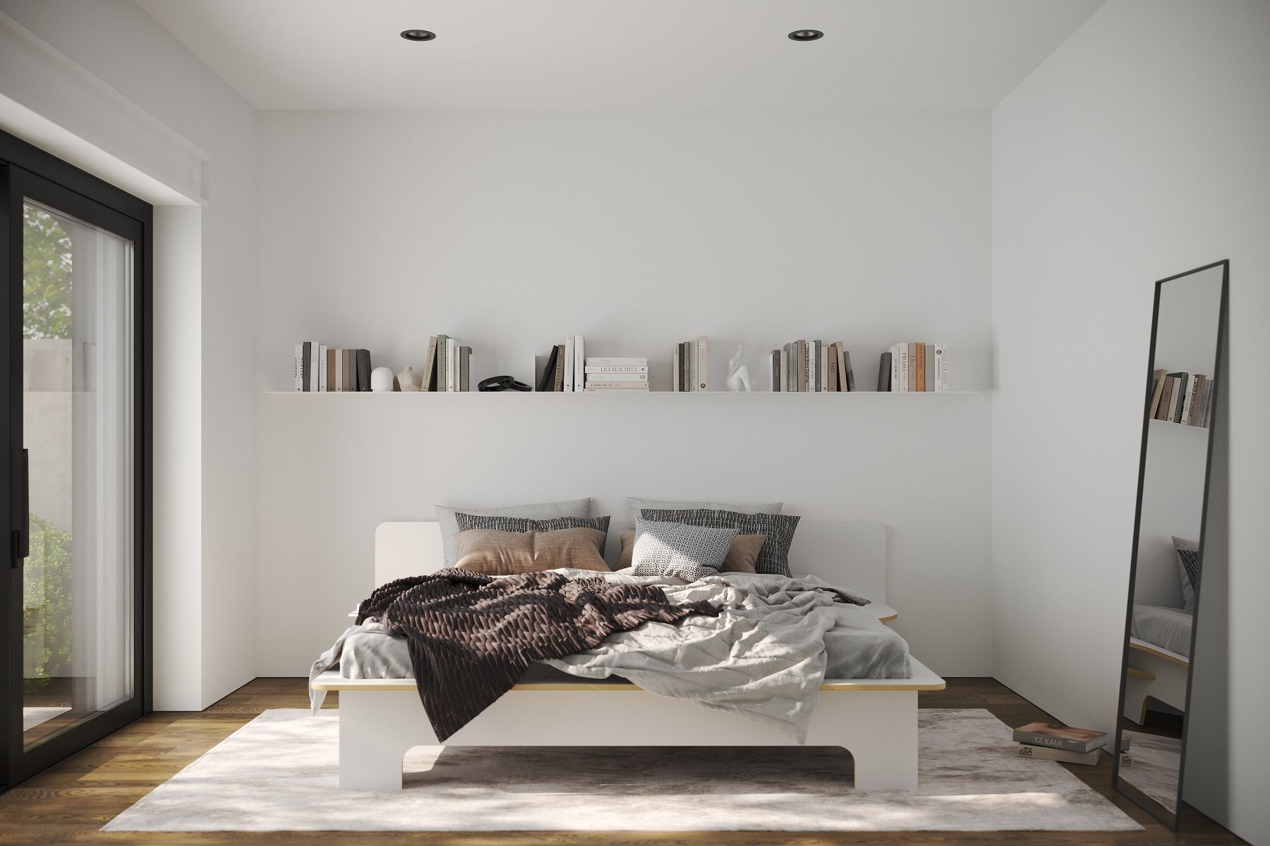 Modernes Plane Doppelbett von Müller Möbelwerkstätten in minimalistischem Schlafzimmer mit Bücherregal.