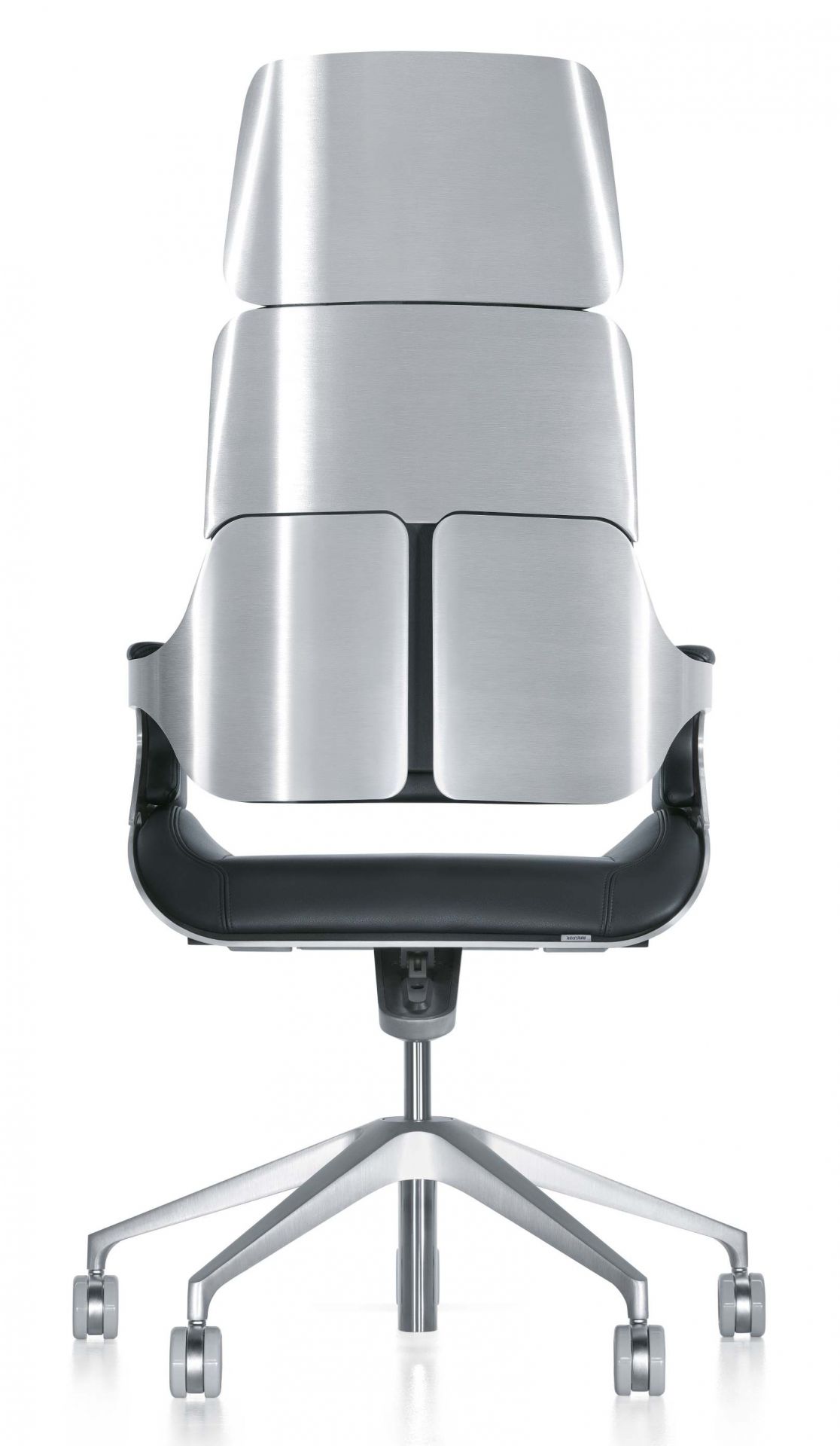 Silver SV11P Bürodrehstuhl hoch von Interstuhl, ergonomischer Schreibtischstuhl mit Rollen und silberner Rückenlehne.