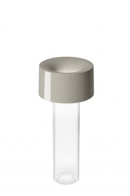 Fleur Tischleuchte von Foscarini, weiße Designerlampe mit zylindrischem Fuß und rundem Lampenschirm.