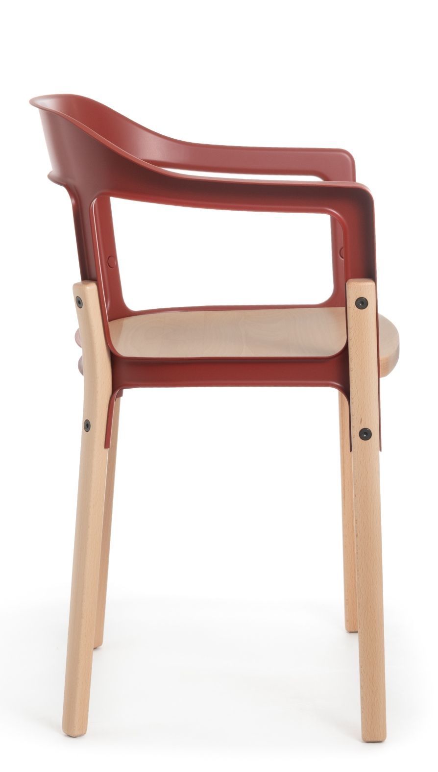 Magis Steelwood Chair Stuhl, Seitenansicht, rotes Polypropylen, helle Holzbeine, moderner Designstuhl für Esszimmer und Wohnbereich.