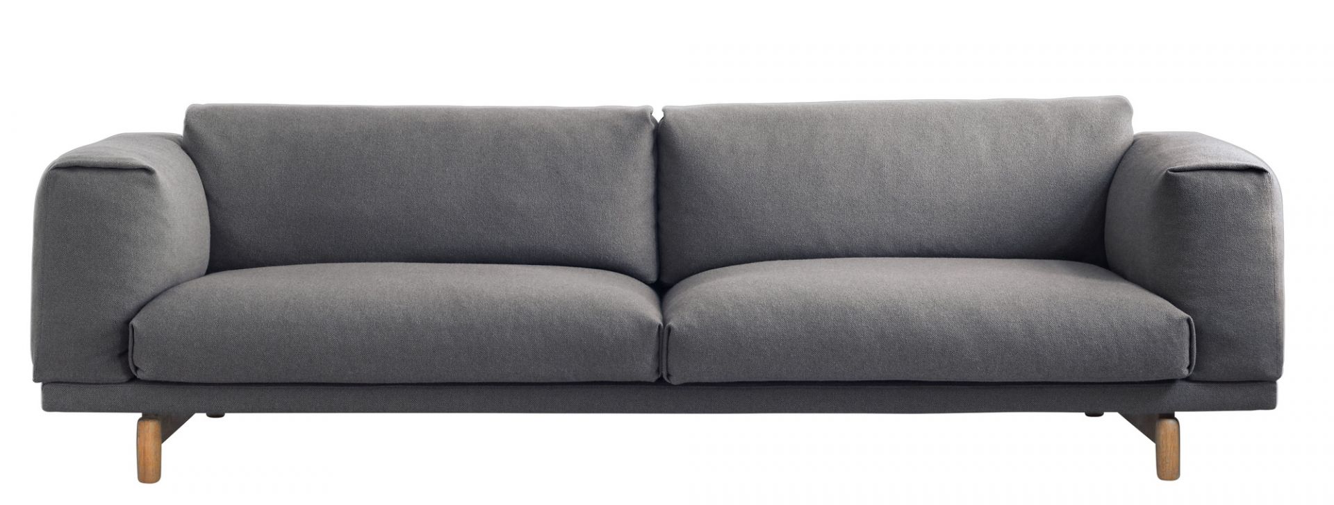 Muuto Rest Sofa, graues 3-Sitzer Sofa mit minimalistischem Design und Holzfüßen für modernes Wohnzimmer.