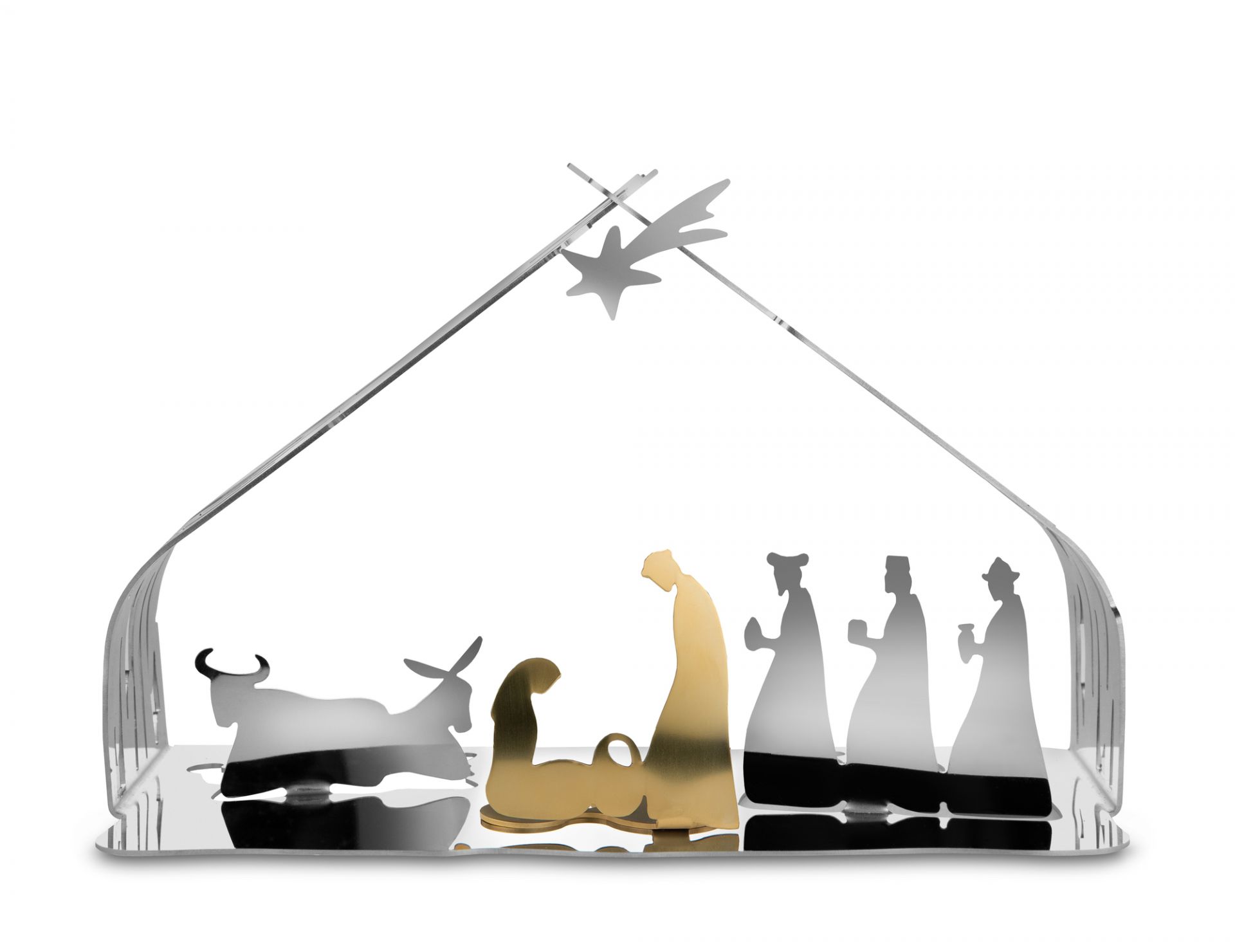 Alessi Weihnachtskrippe "Bark" aus Metall, moderne Interpretation der Weihnachtsgeschichte mit Stern.