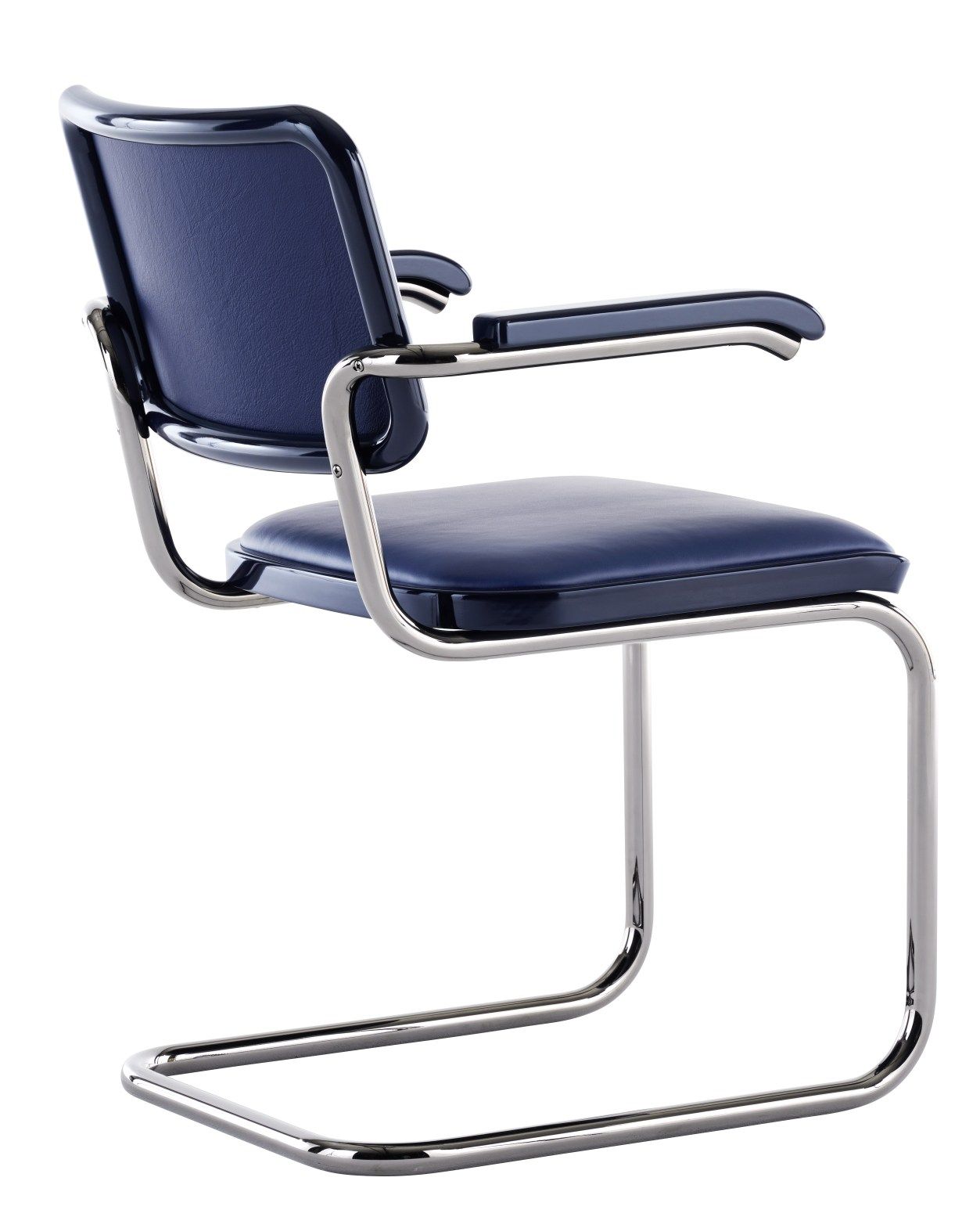 JS. Thonet S 64 P Freischwinger Stuhl mit blauem Leder und verchromtem Stahlrohr-Gestell von hinten.