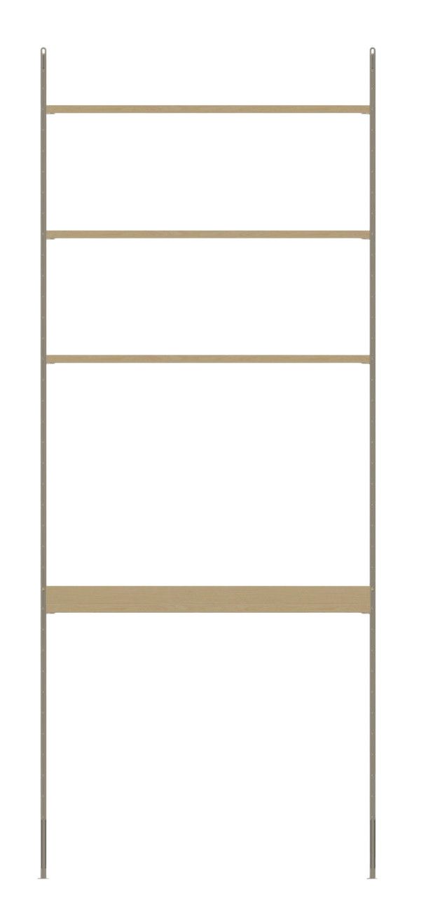 Arbeitsplatz KONFIGURATIONEN W1 String Furniture: Regalsystem mit vier hellen Holzregalböden und grauen Seitenteilen.