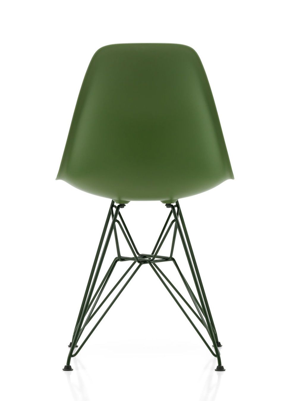 Grüner Eames Plastic Side Chair DSR Stuhl von Vitra, Ansicht von hinten, Drahtgestell.