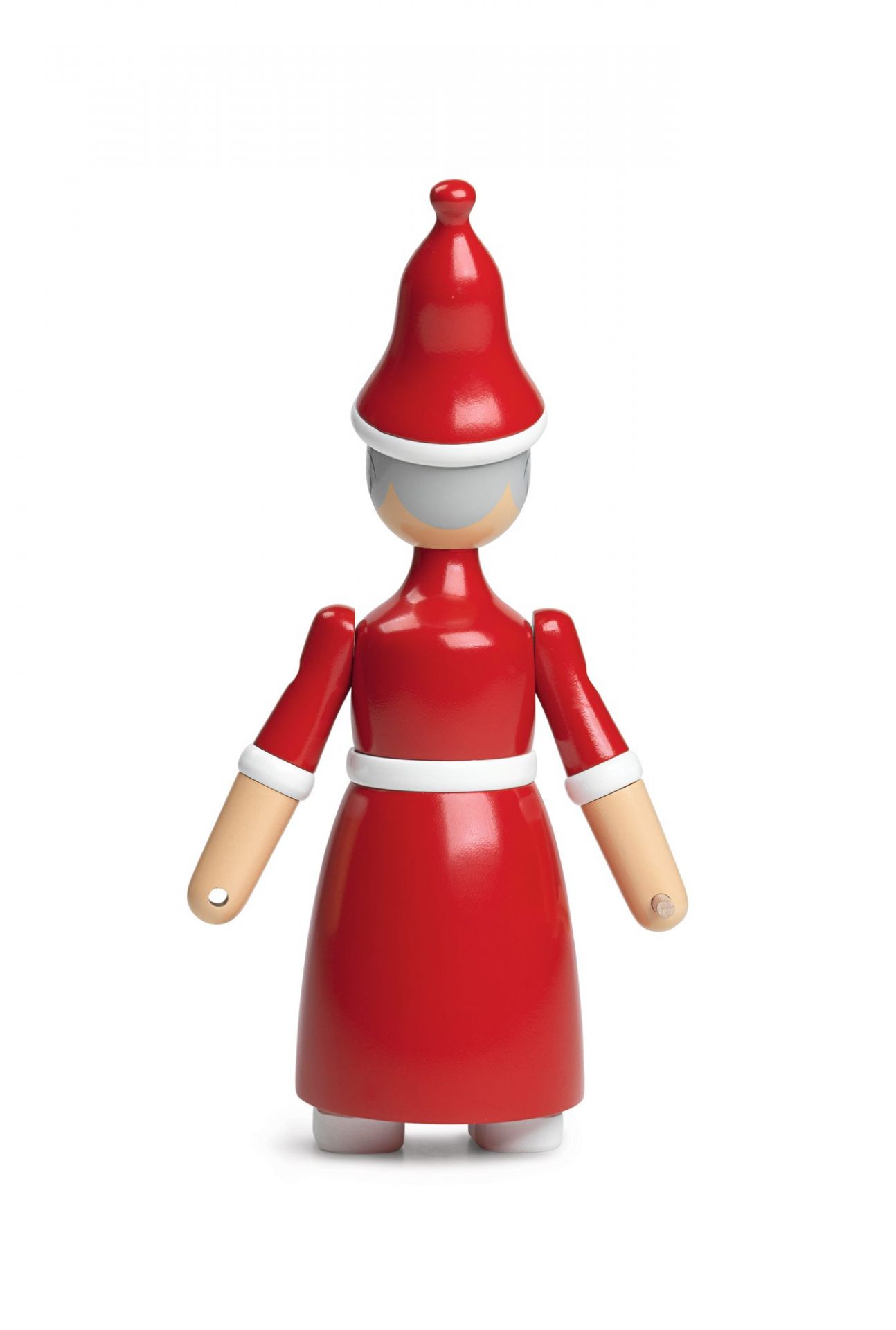 Kay Bojesen Weihnachtsfrau aus Holz, rot gekleidet mit weißem Gürtel und Mütze, Weihnachtsdekoration.