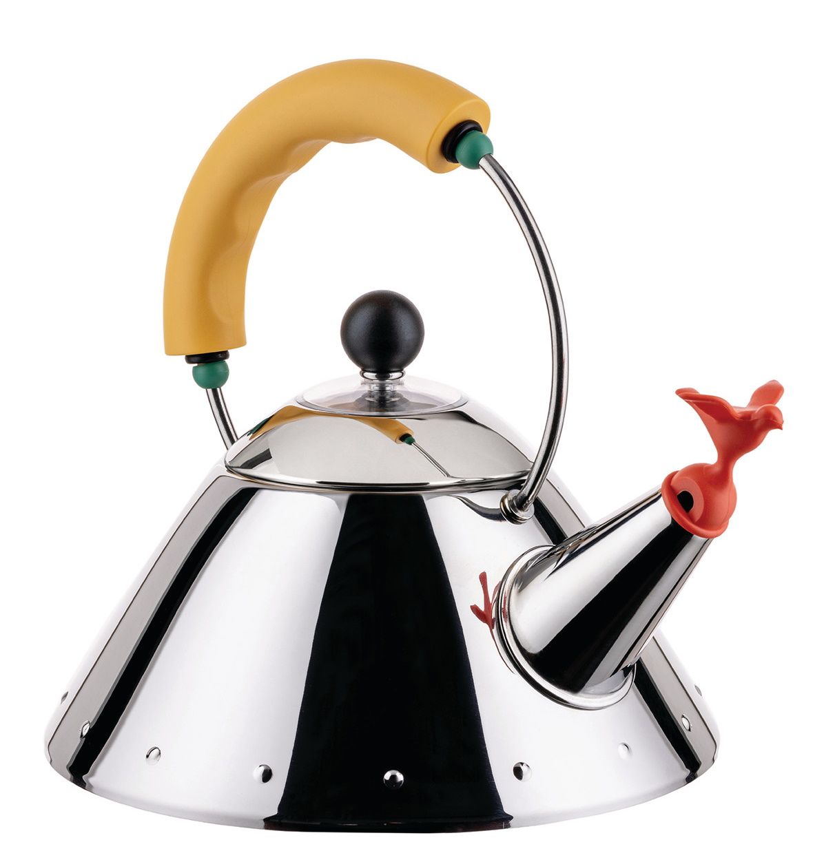 Alessi Wasserkessel 9093/1 Y mit gelbem Griff und Vogelpfeife aus Edelstahl.