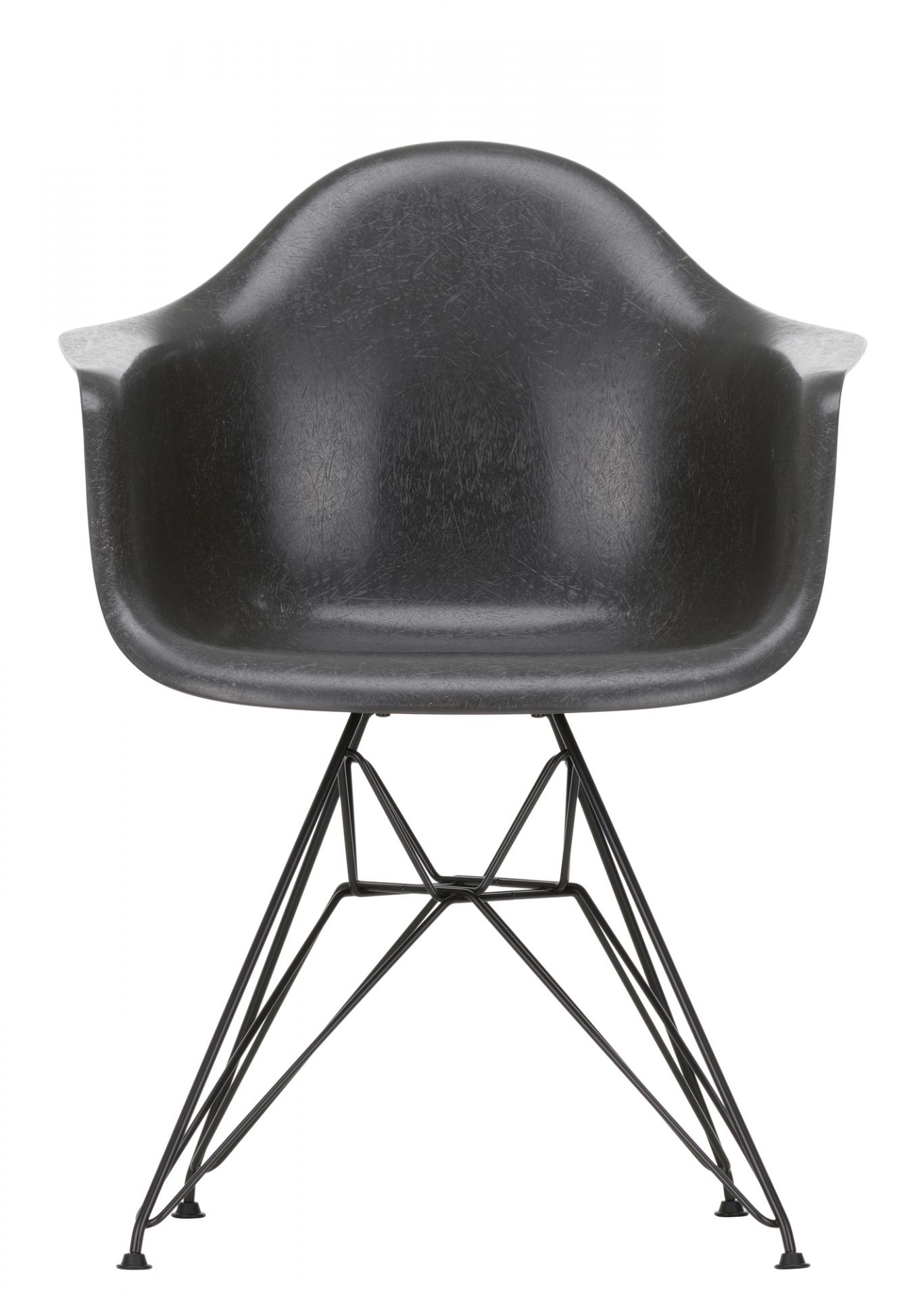 Schwarzer Eames Fiberglass Arm Chair DAR Stuhl von Vitra mit filigranem, schwarzem Drahtgestell.