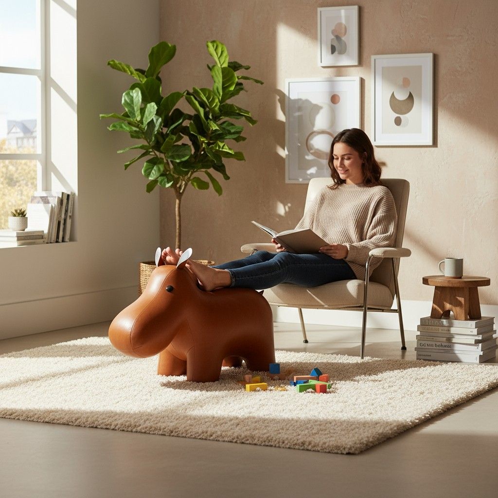 Frau liest mit Füßen auf braunem Ledertier XXL Hippo Zuny in wohnlicher Atmosphäre.