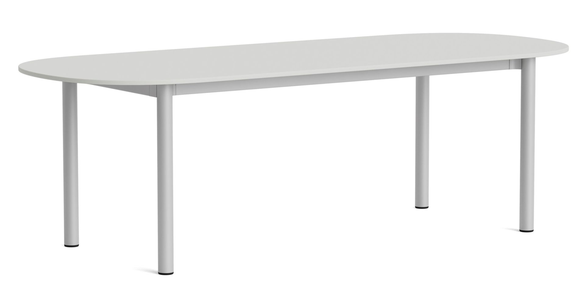 Annex Table Oblong Esstisch von Hay, oval, hellgraue Tischplatte und vier zylindrische Tischbeine.