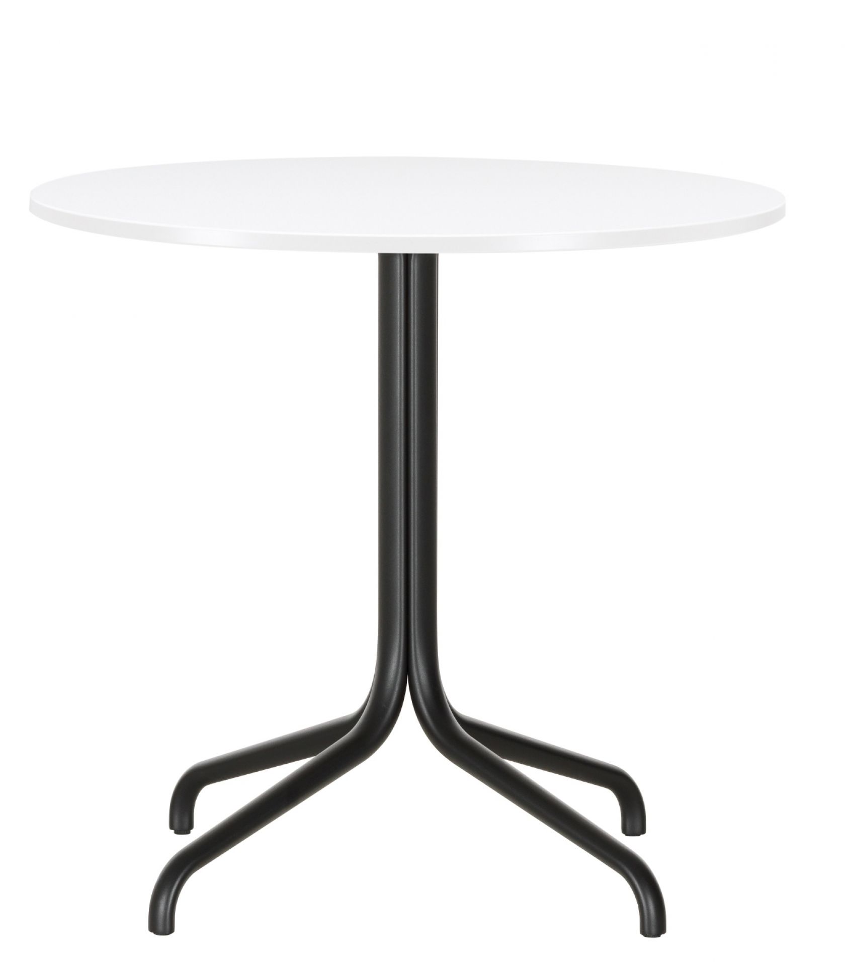 Weißer Belleville Tisch mit rundem Tischblatt und schwarzem Metallgestell für Esszimmer und Küche.