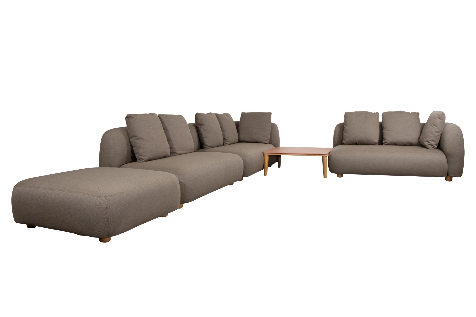 Cane-Line Capture Outdoor Sofa Modul, graues modulares Lounge-Set mit Tisch und Hocker für Terrasse.