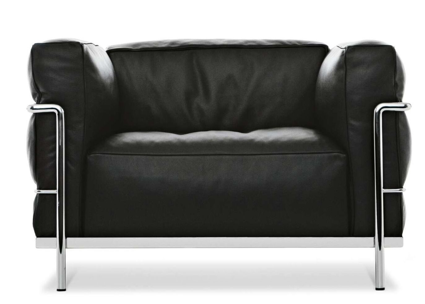 Schwarzer 3 Fauteuil Grand Confort Sessel von Cassina mit verchromtem Stahlrohrgestell, Frontansicht. Moderner Ledersessel für Wohnzimmer und Büro.