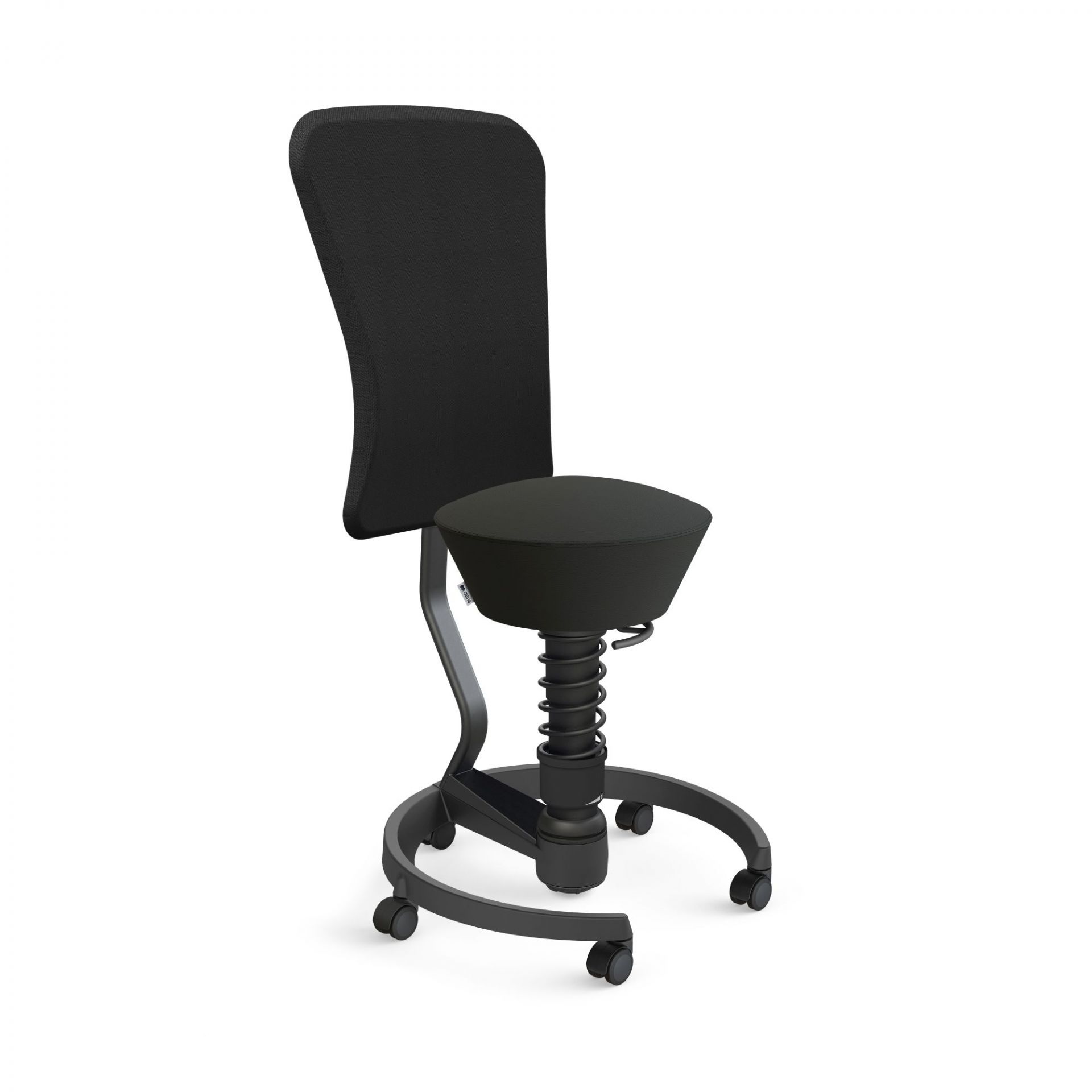 Schwarzer Bürostuhl mit Rückenlehne, Sitzfederung und Rollen für ergonomisches Sitzen im Büro.