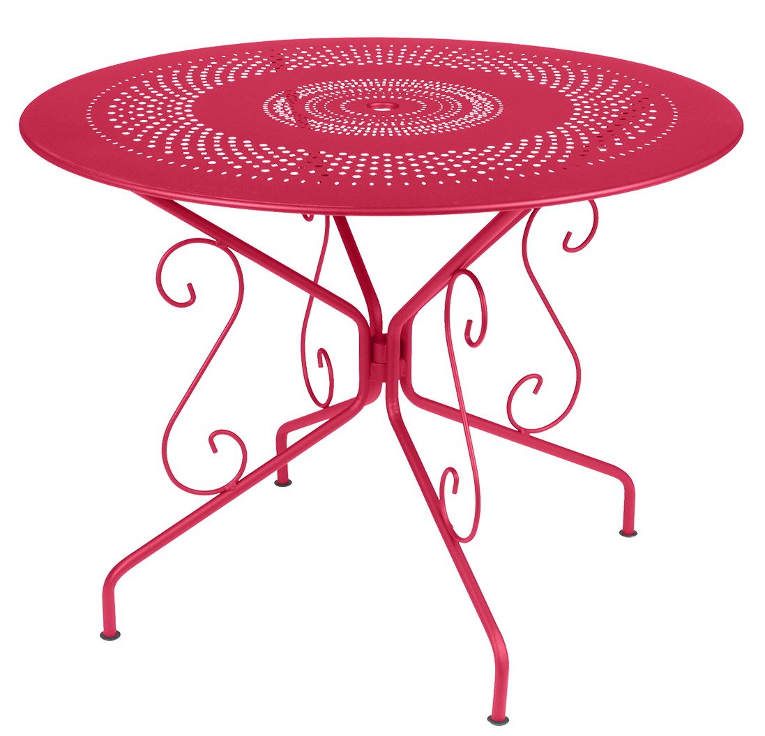 Roter Montmartre Gartentisch von Fermob, runder Outdoor Tisch mit filigranem Design für Terrasse und Garten.