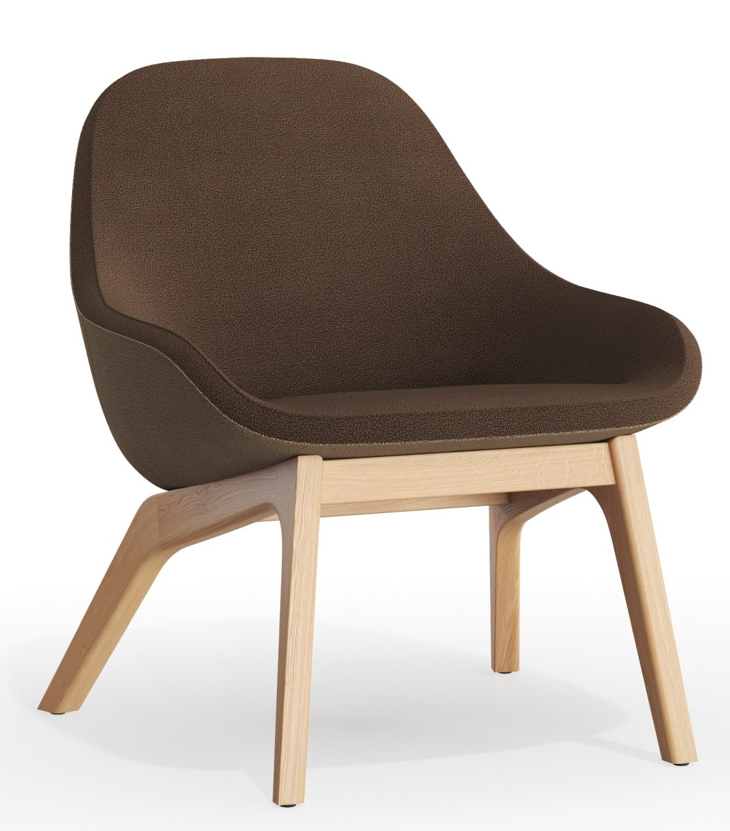Morph Lounge Chair Sessel Zeitraum mit braunem Stoffbezug und hellem Holzgestell, moderner Design Sessel.