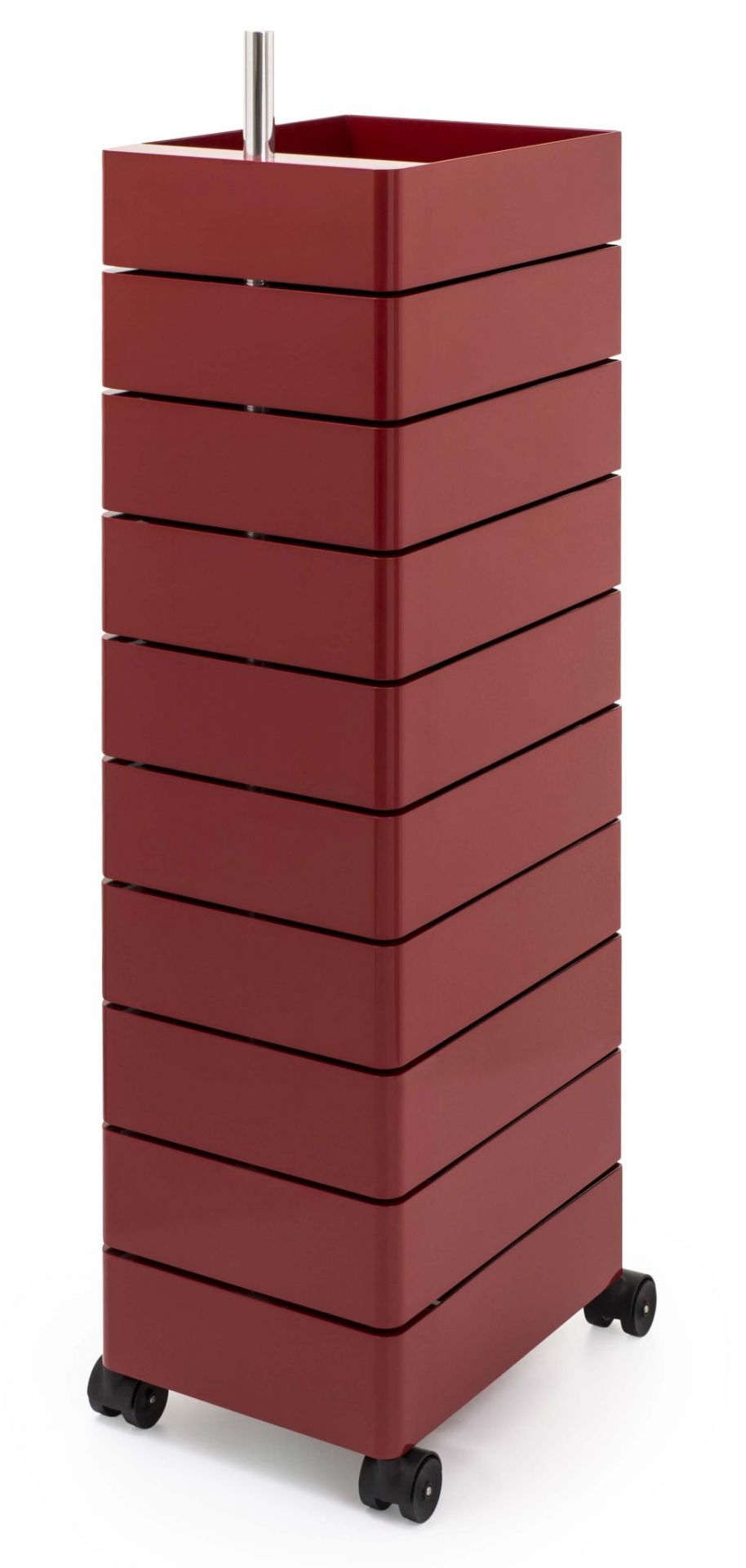Roter 360° Container von Magis mit zehn Schubladen und Rollen für flexible Aufbewahrung.