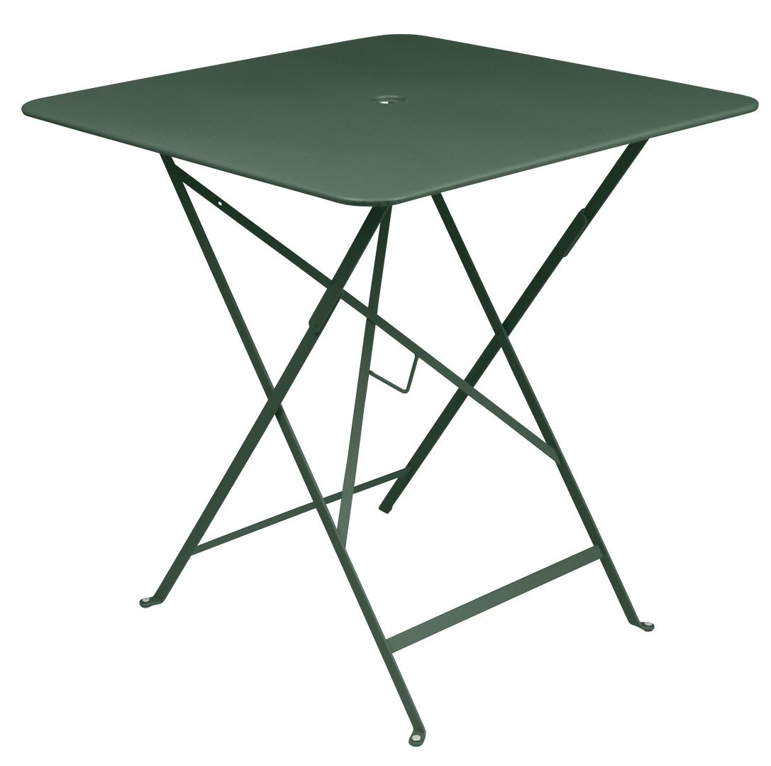 Bistro+ Tisch Outdoor Fermob, quadratisch, klappbar, aus Metall in Waldgrün für Garten und Balkon.
