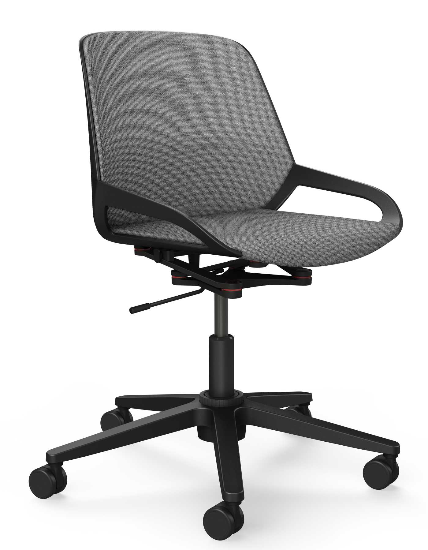 Numo Bürodrehstuhl von Aeris mit grauem Stoffbezug, schwarzem Gestell und Rollen.