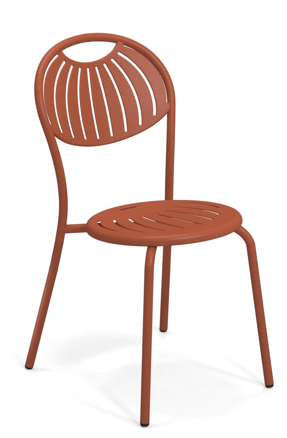 Coupole Stuhl Outdoor Emu, terracottafarbener Metallstuhl mit runder Sitzfläche und geschwungener Rückenlehne für Garten und Terrasse.