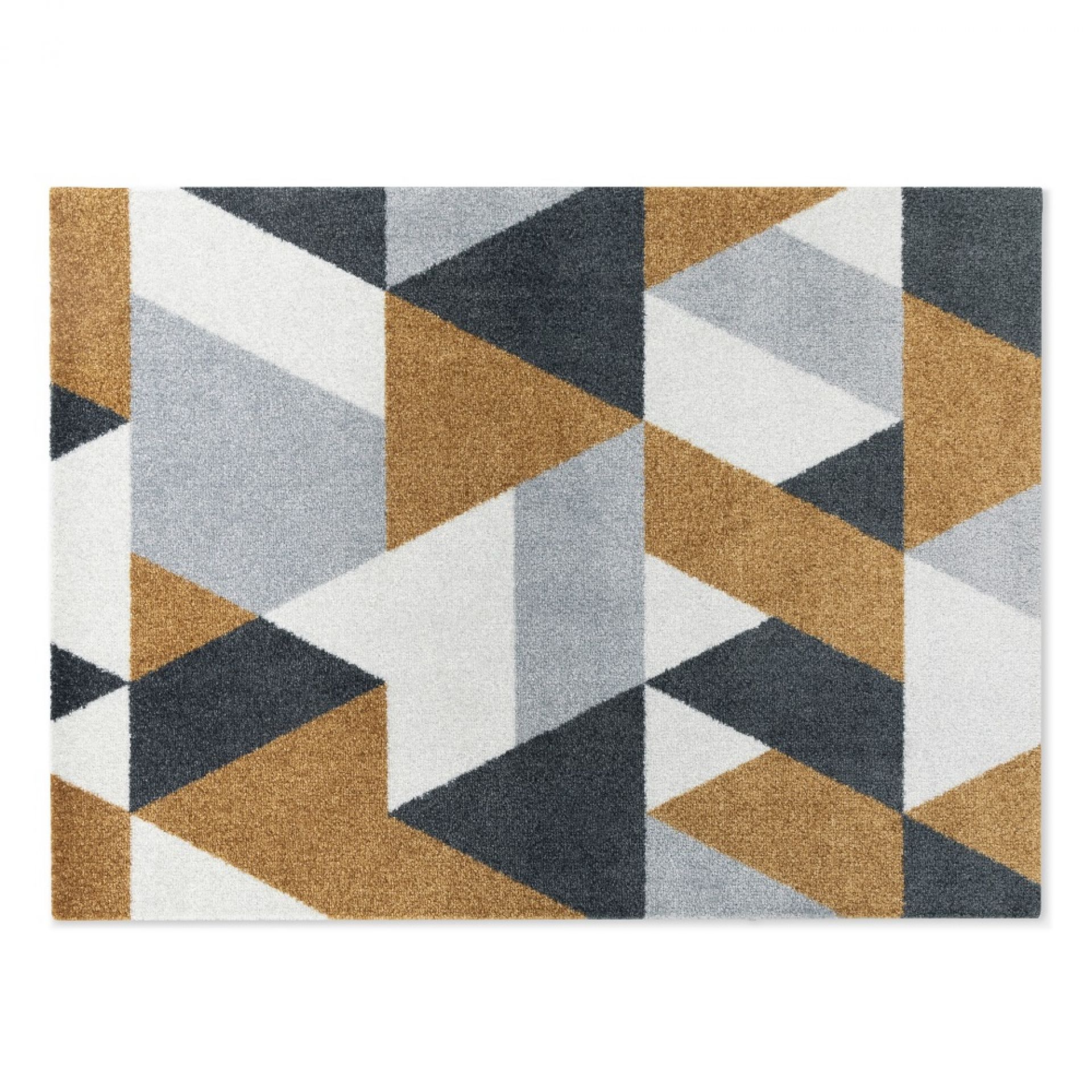 Blåne Fußmatte mit geometrischem Dreiecksmuster in Grau, Weiß und Braun für Innen- und Außenbereich.
