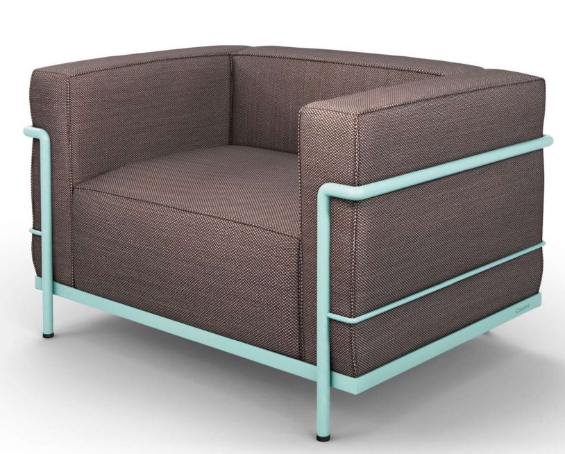 3 Fauteuil Grand Confort Sessel von Cassina mit braunem Stoffbezug und türkisfarbenem Stahlrohrgestell.