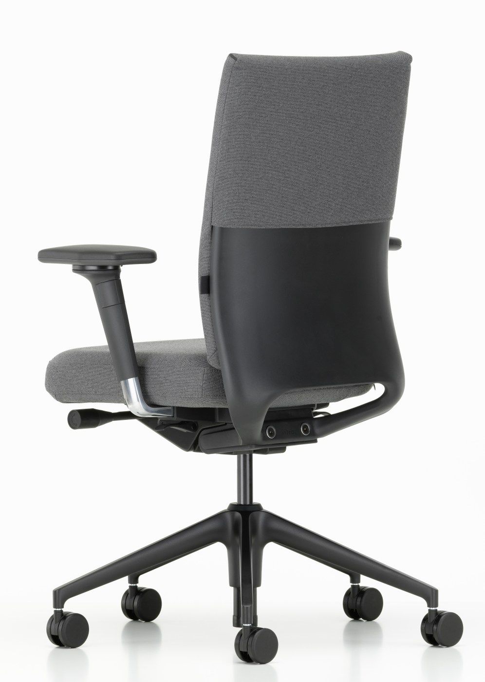 ID Chair von Vitra, grauer Bürodrehstuhl mit Armlehnen und schwarzem Fußkreuz, Rückansicht.